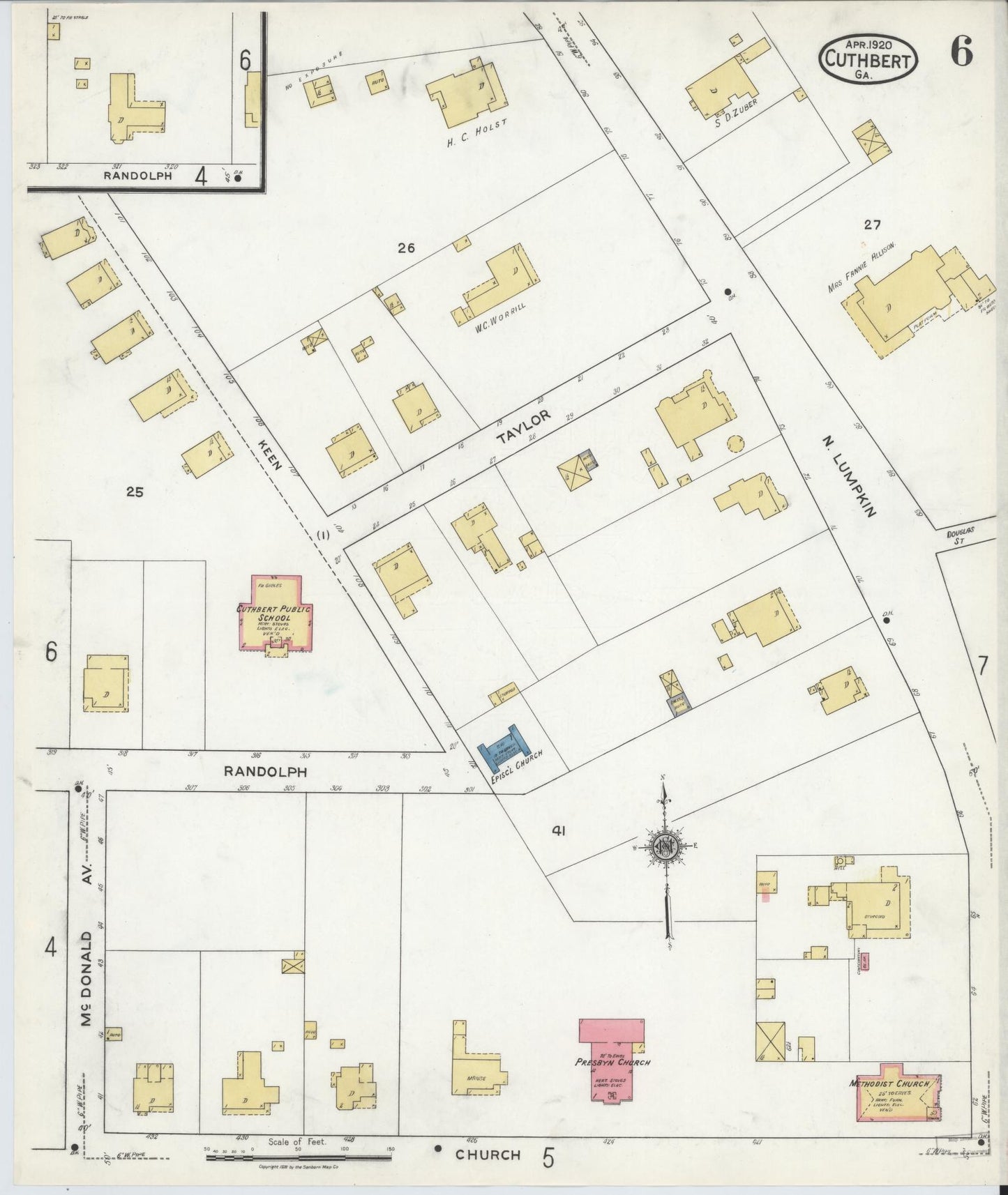 Sanborn Fire Insurance Map from Cuthbert, Randolph County, Georgia (1920), Sheet #0006 - Complete Map Set gallery image, historic Sanborn map, vintage wall art, Georgia Georgia