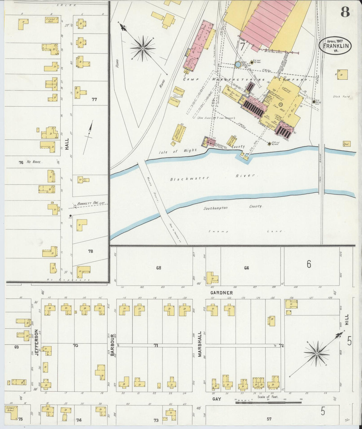 Sanborn Fire Insurance Map from Franklin, Independent Cities, Virginia (1907), Sheet #0008 - Historic Sanborn Fire Insurance Map Print, vintage old map wall art, antique decor, genealogy gift, Virginia Virginia map