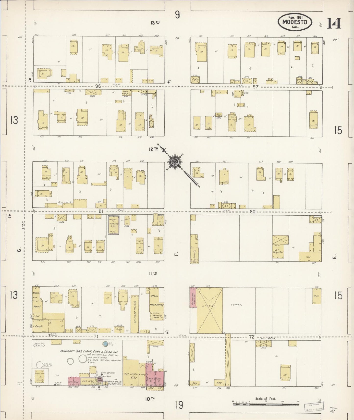 Sanborn Fire Insurance Map from Modesto, Stanislaus County, California (1911), Sheet #0014 - Complete Map Set gallery image, historic Sanborn map, vintage wall art, California California
