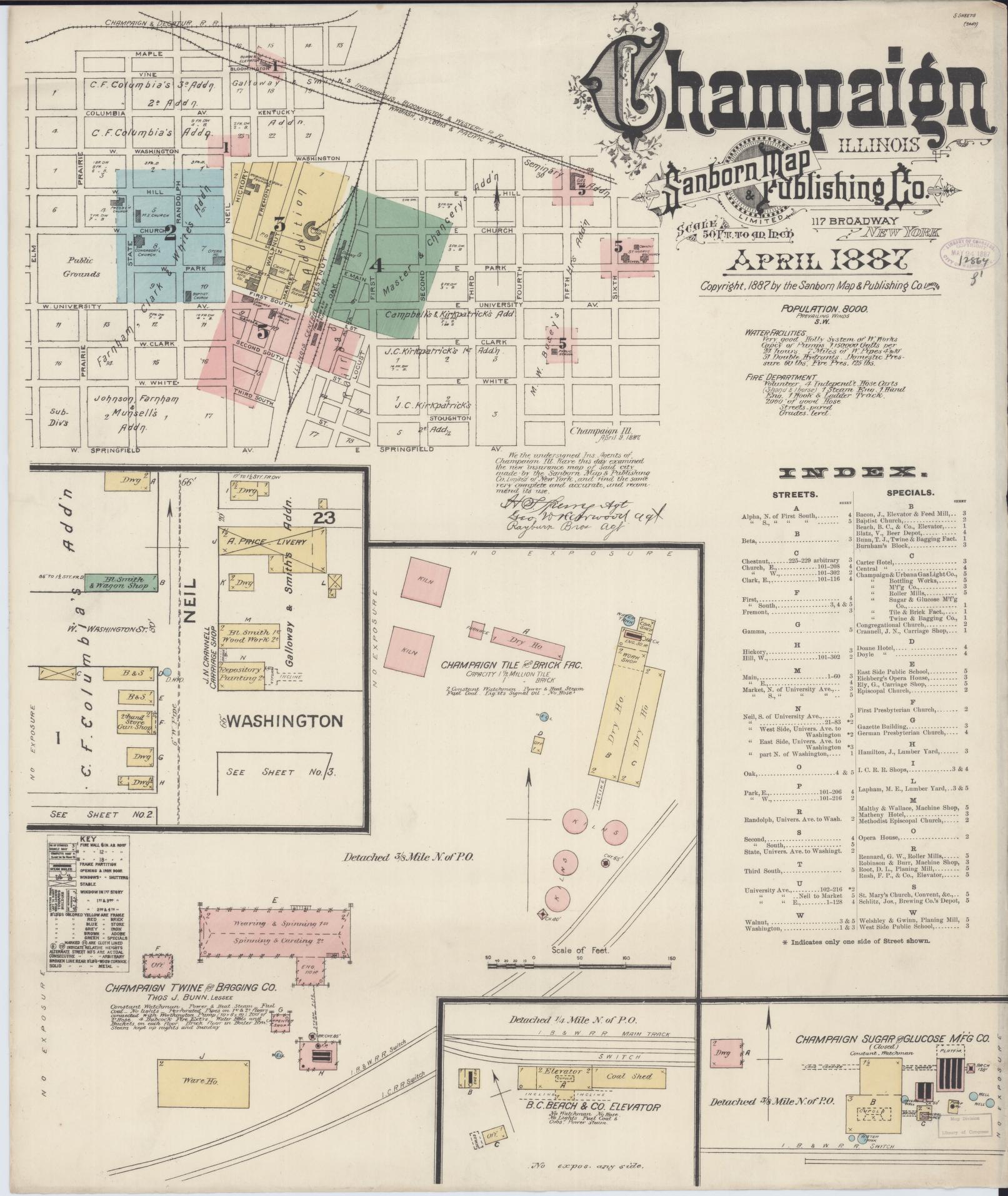 Sanborn Fire Insurance Map from Champaign, Champaign County, Illinois (1887), Sheet #0001 - Historic Sanborn Fire Insurance Map Print, vintage old map wall art, antique decor, genealogy gift, Illinois Illinois map