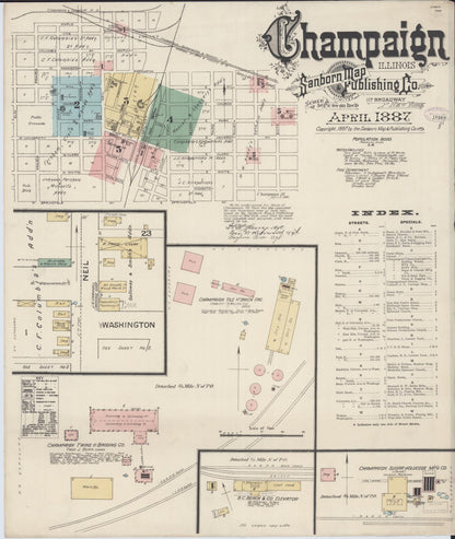 Sanborn Fire Insurance Map from Champaign, Champaign County, Illinois (1887), Sheet #0001 - Historic Sanborn Fire Insurance Map Print, vintage old map wall art, antique decor, genealogy gift, Illinois Illinois map