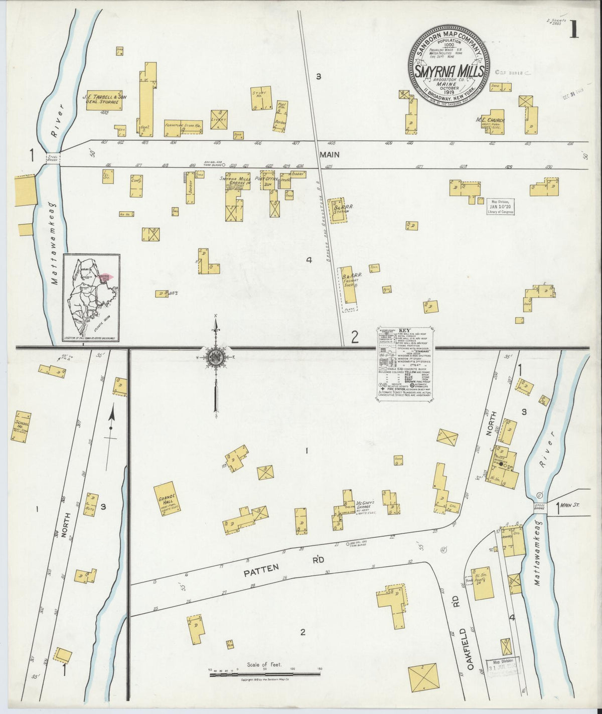 Sanborn Fire Insurance Map from Smyrna Mills, Aroostook County, Maine (1919), Sheet #0001 - Historic Sanborn Fire Insurance Map Print, vintage old map wall art, antique decor, genealogy gift, Maine Maine map