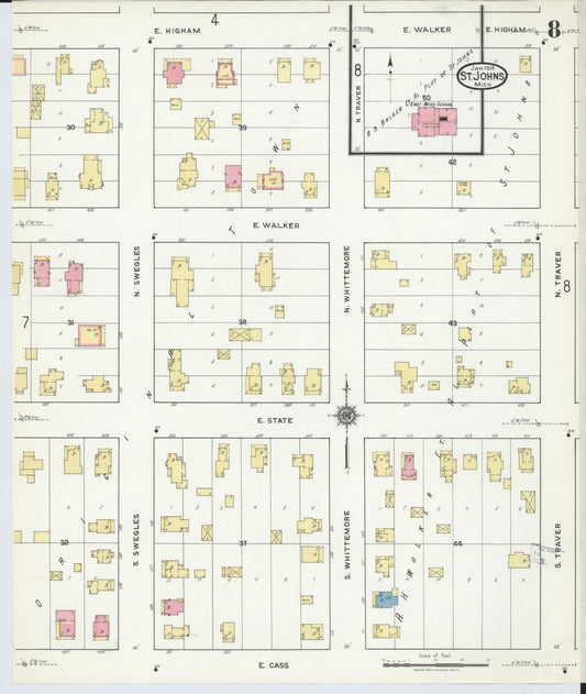 Sanborn Fire Insurance Map from Saint Johns, Clinton County, Michigan (1918), Sheet #0008 - Historic Sanborn Fire Insurance Map Print, vintage old map wall art, antique decor, genealogy gift, Michigan Michigan map