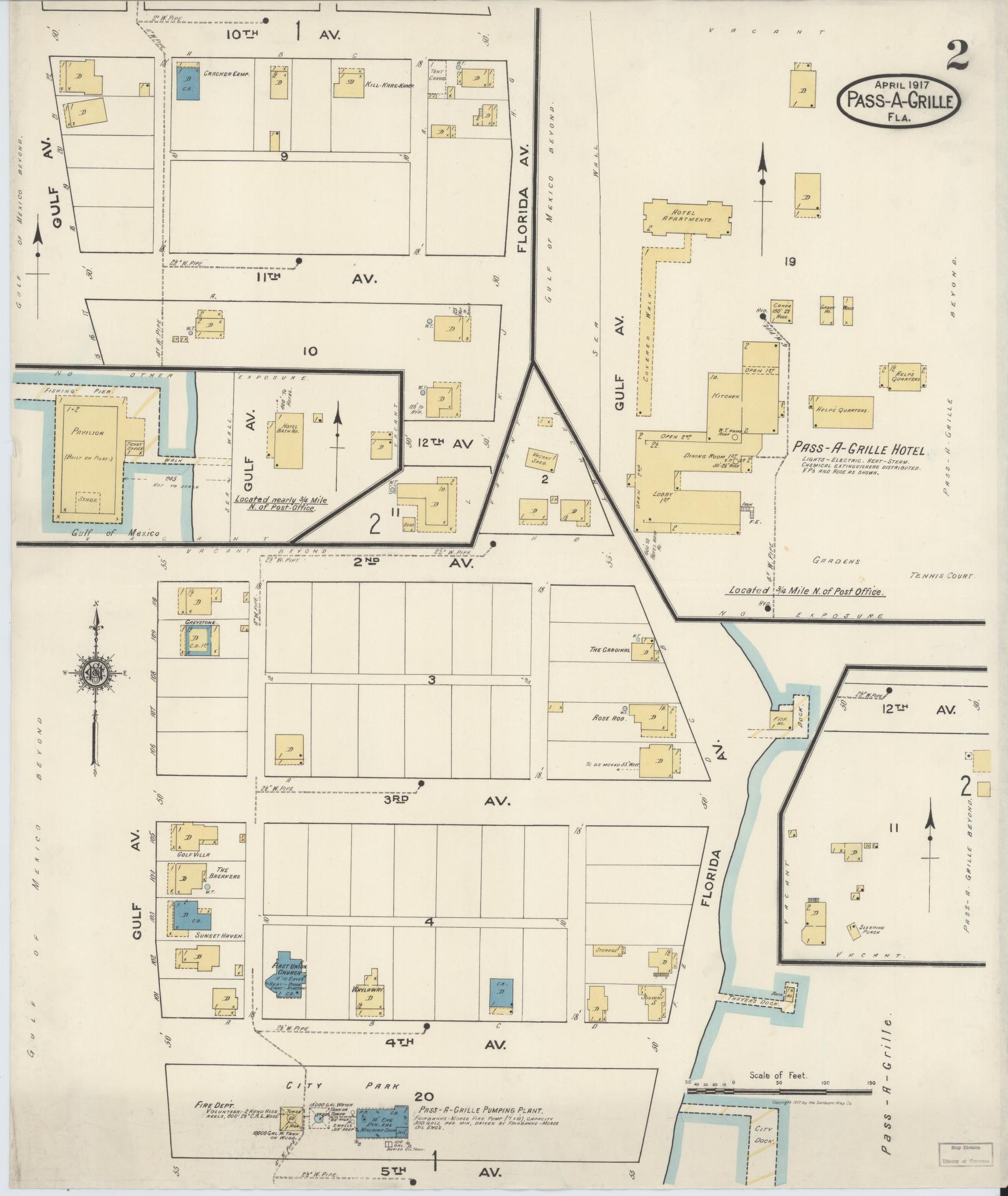 Sanborn Fire Insurance Map from Pass-a-Grille, Pinellas County, Florida (1917), Sheet #0002 - Historic Sanborn Fire Insurance Map Print, vintage old map wall art, antique decor, genealogy gift, Florida Florida map