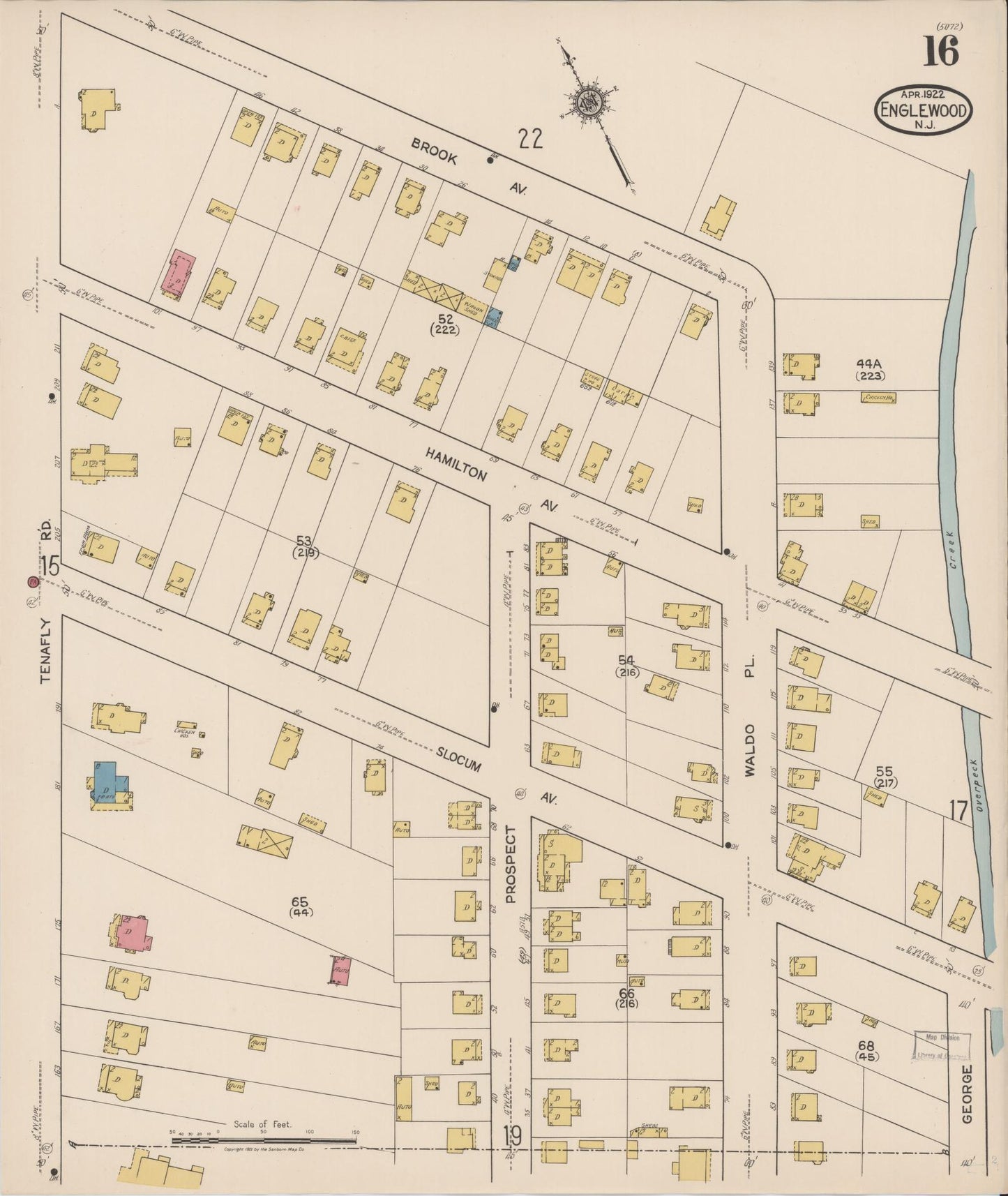 Sanborn Fire Insurance Map from Englewood, Bergen County, New Jersey (1922), Sheet #0016 - Historic Sanborn Fire Insurance Map Print, vintage old map wall art, antique decor, genealogy gift, New Jersey New Jersey map