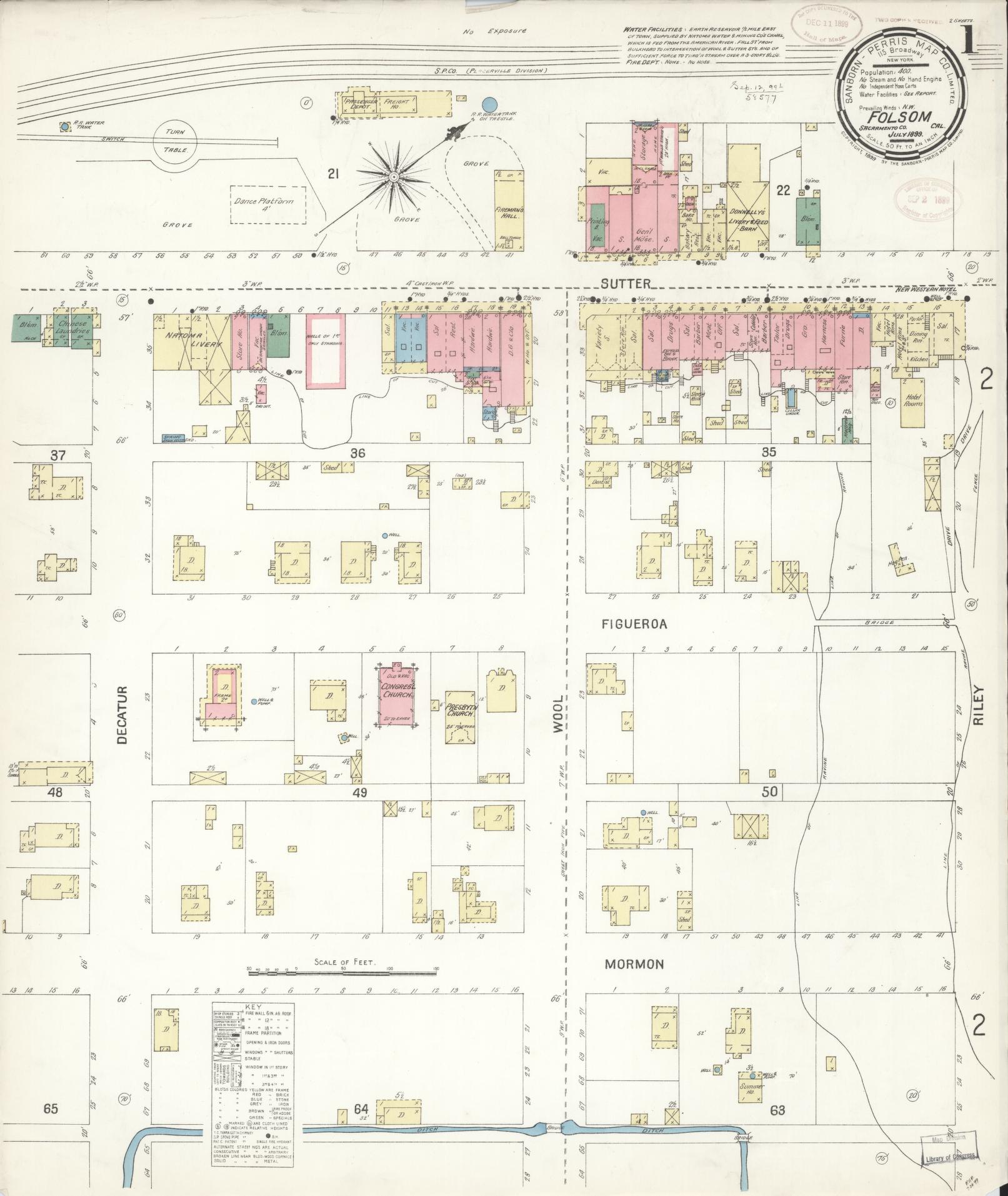Sanborn Fire Insurance Map from Folsom, Sacramento County, California (1899), Sheet #0001 - Historic Sanborn Fire Insurance Map Print, vintage old map wall art, antique decor, genealogy gift, California California map