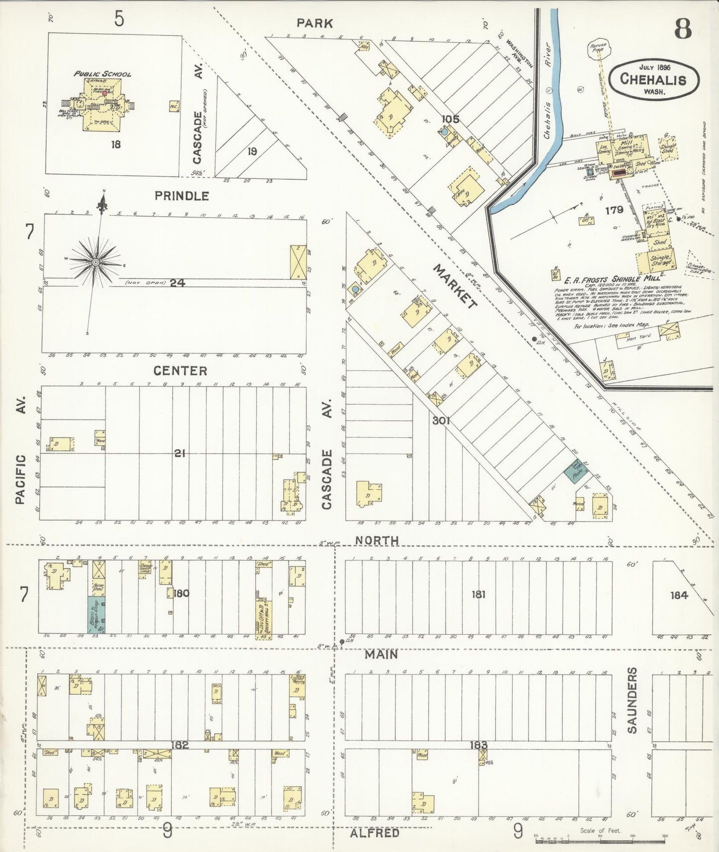 Sanborn Fire Insurance Map from Chehalis, Lewis County, Washington (1896), Sheet #0008 - Historic Sanborn Fire Insurance Map Print, vintage old map wall art, antique decor, genealogy gift, Washington Washington map
