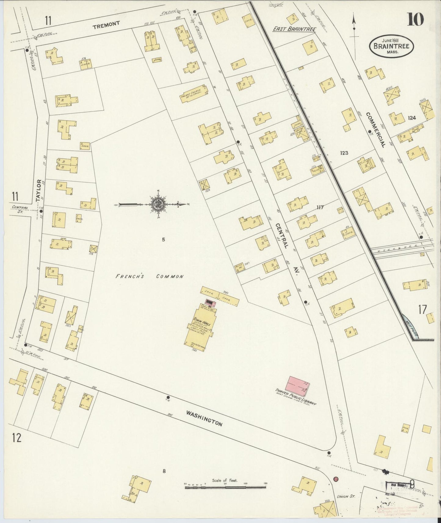 Sanborn Fire Insurance Map from Braintree, Norfolk County, Massachusetts (1911), Sheet #0010 - Historic Sanborn Fire Insurance Map Print, vintage old map wall art, antique decor, genealogy gift, Massachusetts Massachusetts map