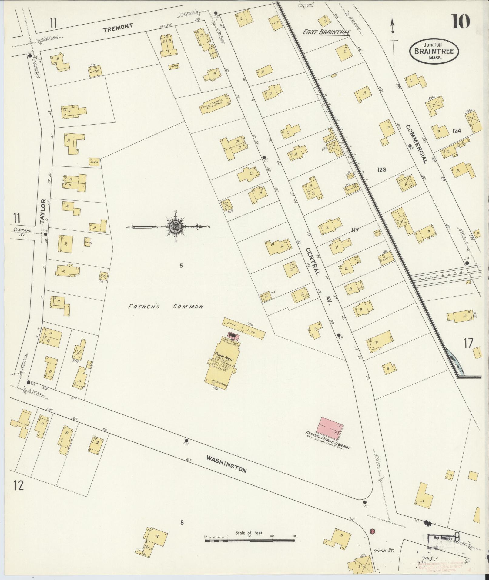 Sanborn Fire Insurance Map from Braintree, Norfolk County, Massachusetts (1911), Sheet #0010 - Historic Sanborn Fire Insurance Map Print, vintage old map wall art, antique decor, genealogy gift, Massachusetts Massachusetts map