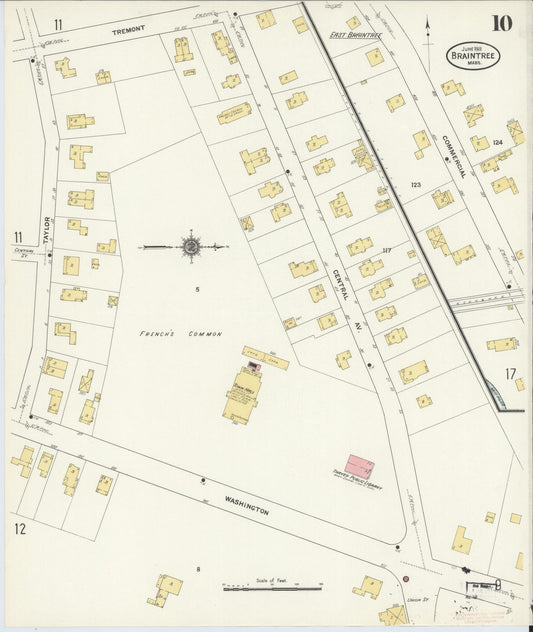 Sanborn Fire Insurance Map from Braintree, Norfolk County, Massachusetts (1911), Sheet #0010 - Historic Sanborn Fire Insurance Map Print, vintage old map wall art, antique decor, genealogy gift, Massachusetts Massachusetts map