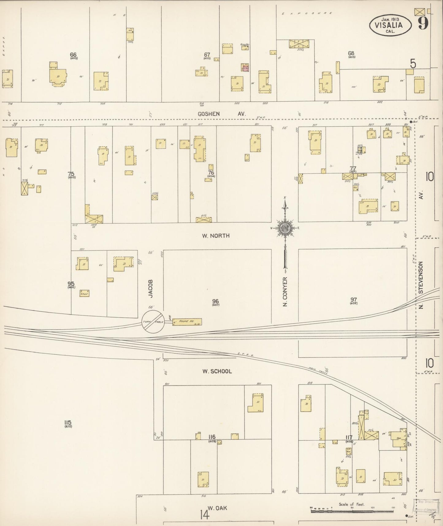 Sanborn Fire Insurance Map from Visalia, Tulare County, California (1913), Sheet #0009 - Complete Map Set gallery image, historic Sanborn map, vintage wall art, California California