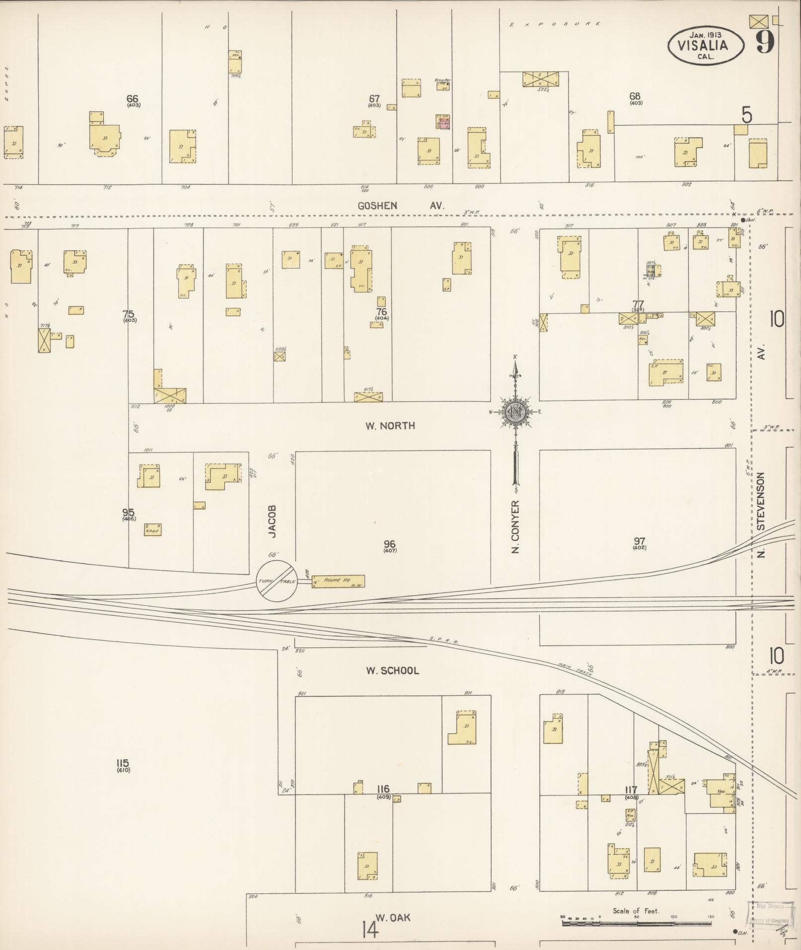 Sanborn Fire Insurance Map from Visalia, Tulare County, California (1913), Sheet #0009 - Complete Map Set gallery image, historic Sanborn map, vintage wall art, California California