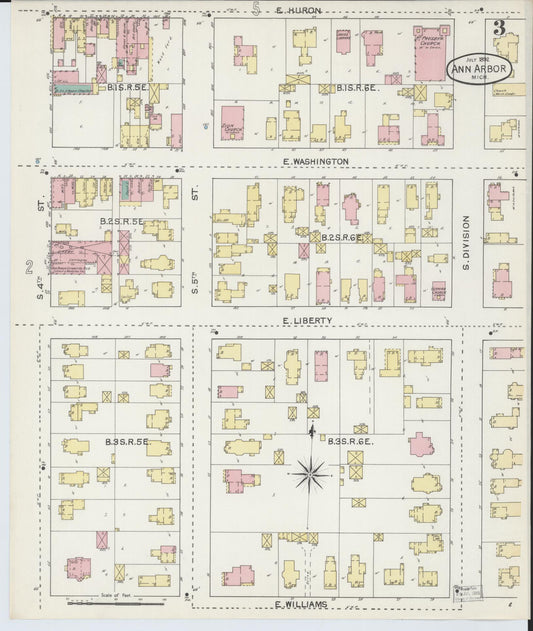 Sanborn Fire Insurance Map from Ann Arbor, Washtenaw County, Michigan (1892), Sheet #0003 - Historic Sanborn Fire Insurance Map Print, vintage old map wall art, antique decor, genealogy gift, Michigan Michigan map