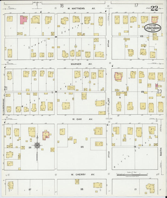 Sanborn Fire Insurance Map from Jonesboro, Craighead County, Arkansas (1919), Sheet #0022 - Historic Sanborn Fire Insurance Map Print, vintage old map wall art, antique decor, genealogy gift, Arkansas Arkansas map