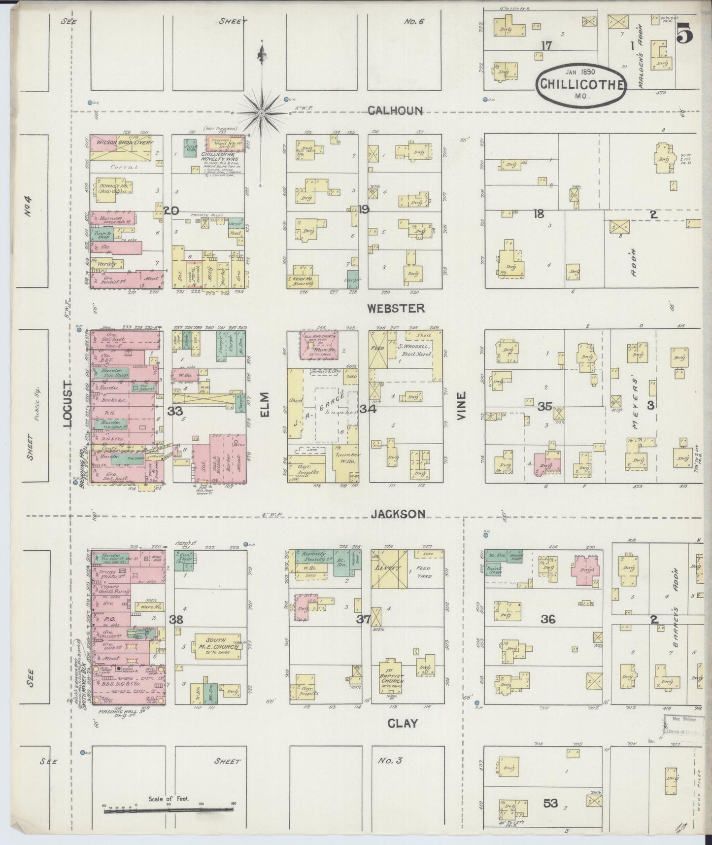 Sanborn Fire Insurance Map from Chillicothe, Livingston County, Missouri (1890), Sheet #0005 - Historic Sanborn Fire Insurance Map Print, vintage old map wall art, antique decor, genealogy gift, Missouri Missouri map