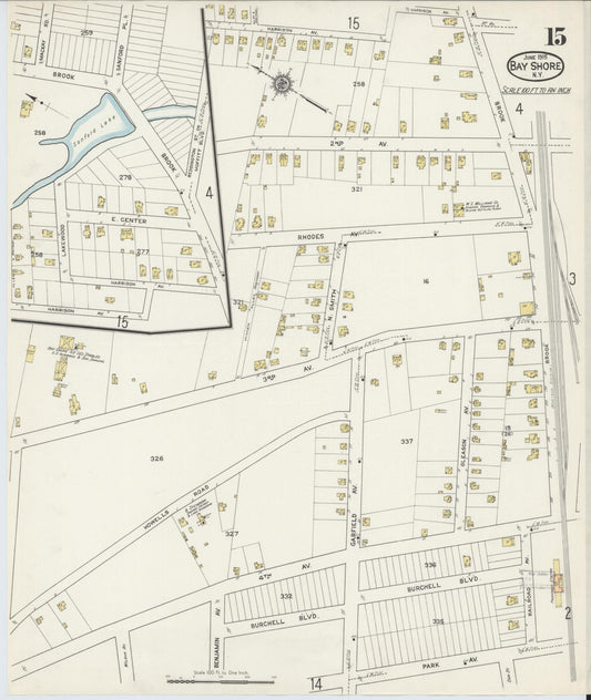 Sanborn Fire Insurance Map from Bay Shore, Suffolk County, New York (1915), Sheet #0015 - Historic Sanborn Fire Insurance Map Print, vintage old map wall art, antique decor, genealogy gift, New York New York map