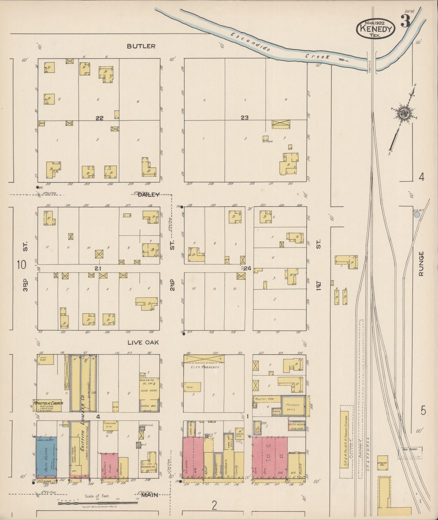 Sanborn Fire Insurance Map from Kenedy, Karnes County, Texas (1922), Sheet #0003 - Historic Sanborn Fire Insurance Map Print, vintage old map wall art, antique decor, genealogy gift, Texas Texas map
