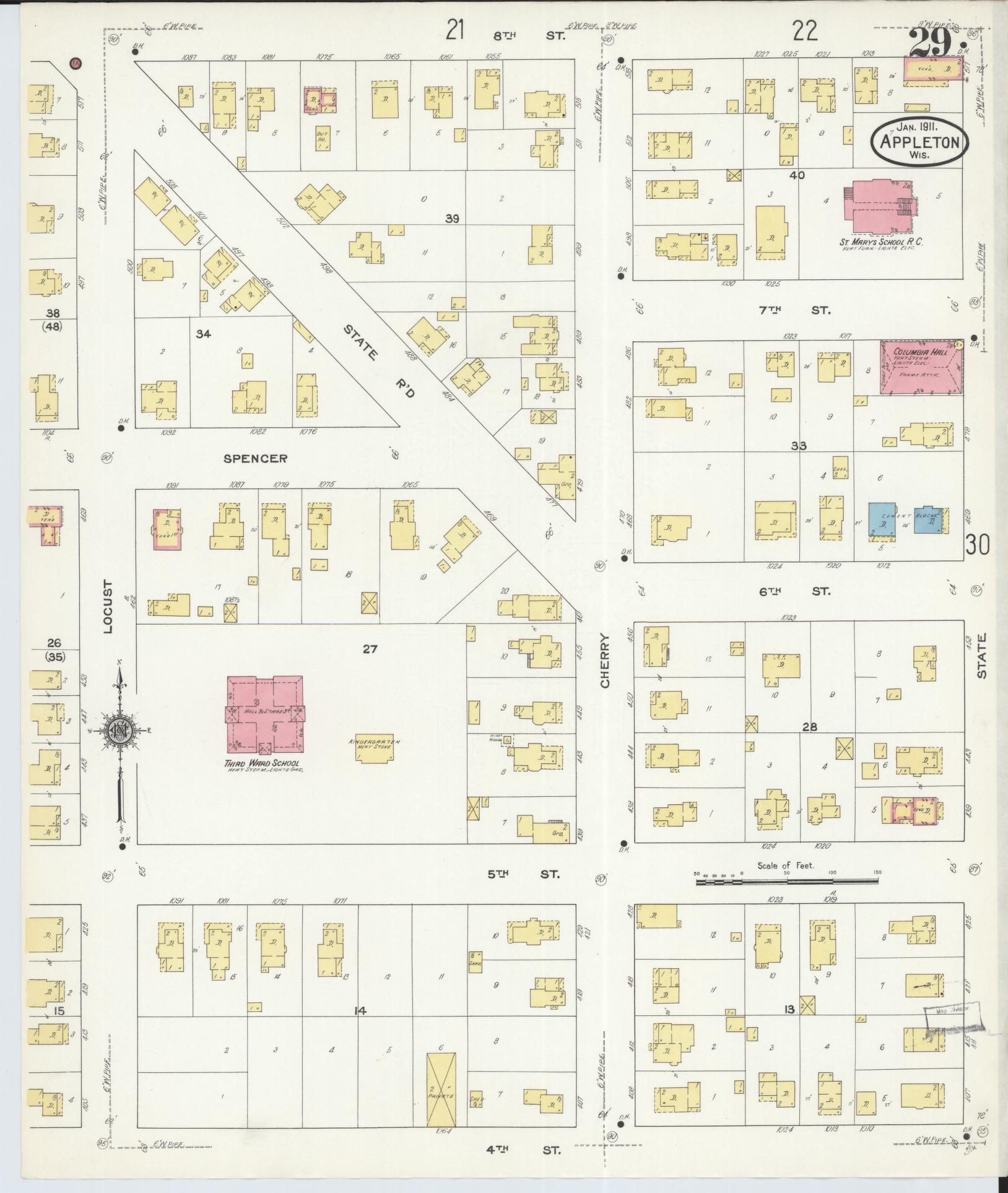 Sanborn Fire Insurance Map from Appleton, Outagamie County, Wisconsin (1911), Sheet #0029 - Historic Sanborn Fire Insurance Map Print, vintage old map wall art, antique decor, genealogy gift, Wisconsin Wisconsin map