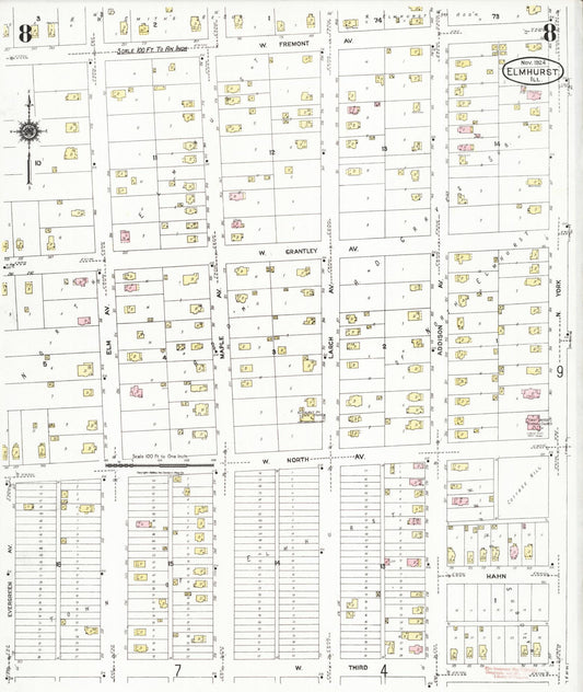 Sanborn Fire Insurance Map from Elmhurst, Du Page County, Illinois (1924), Sheet #0008 - Historic Sanborn Fire Insurance Map Print, vintage old map wall art, antique decor, genealogy gift, Illinois Illinois map