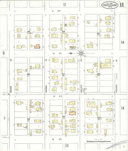 Sanborn Fire Insurance Map from Coeur D'alene, Kootenai County, Idaho (1908), Sheet #0011 - Complete Map Set gallery image, historic Sanborn map, vintage wall art, Idaho Idaho
