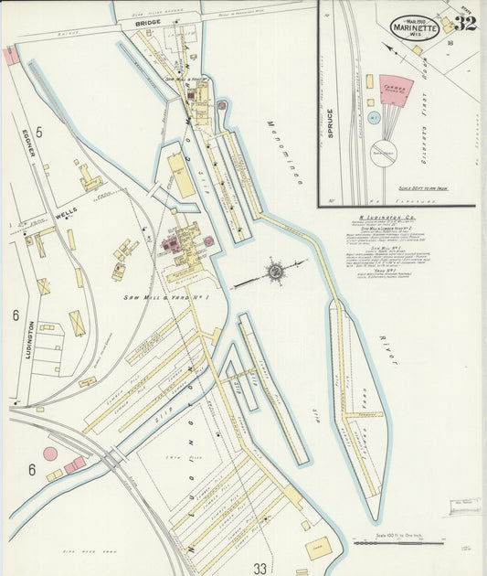 Sanborn Fire Insurance Map from Marinette, Marinette County, Wisconsin (1910), Sheet #0032 - Historic Sanborn Fire Insurance Map Print, vintage old map wall art, antique decor, genealogy gift, Wisconsin Wisconsin map