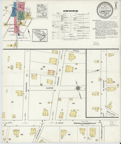 Sanborn Fire Insurance Map from Lake City, Florence County, South Carolina (1920), Sheet #0001 - Complete Map Set gallery image, historic Sanborn map, vintage wall art, South Carolina South Carolina