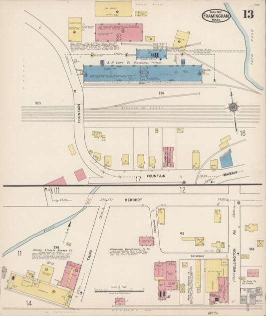 Sanborn Fire Insurance Map from Framingham, Middlesex County, Massachusetts (1922), Sheet #0013 - Historic Sanborn Fire Insurance Map Print, vintage old map wall art, antique decor, genealogy gift, Massachusetts Massachusetts map