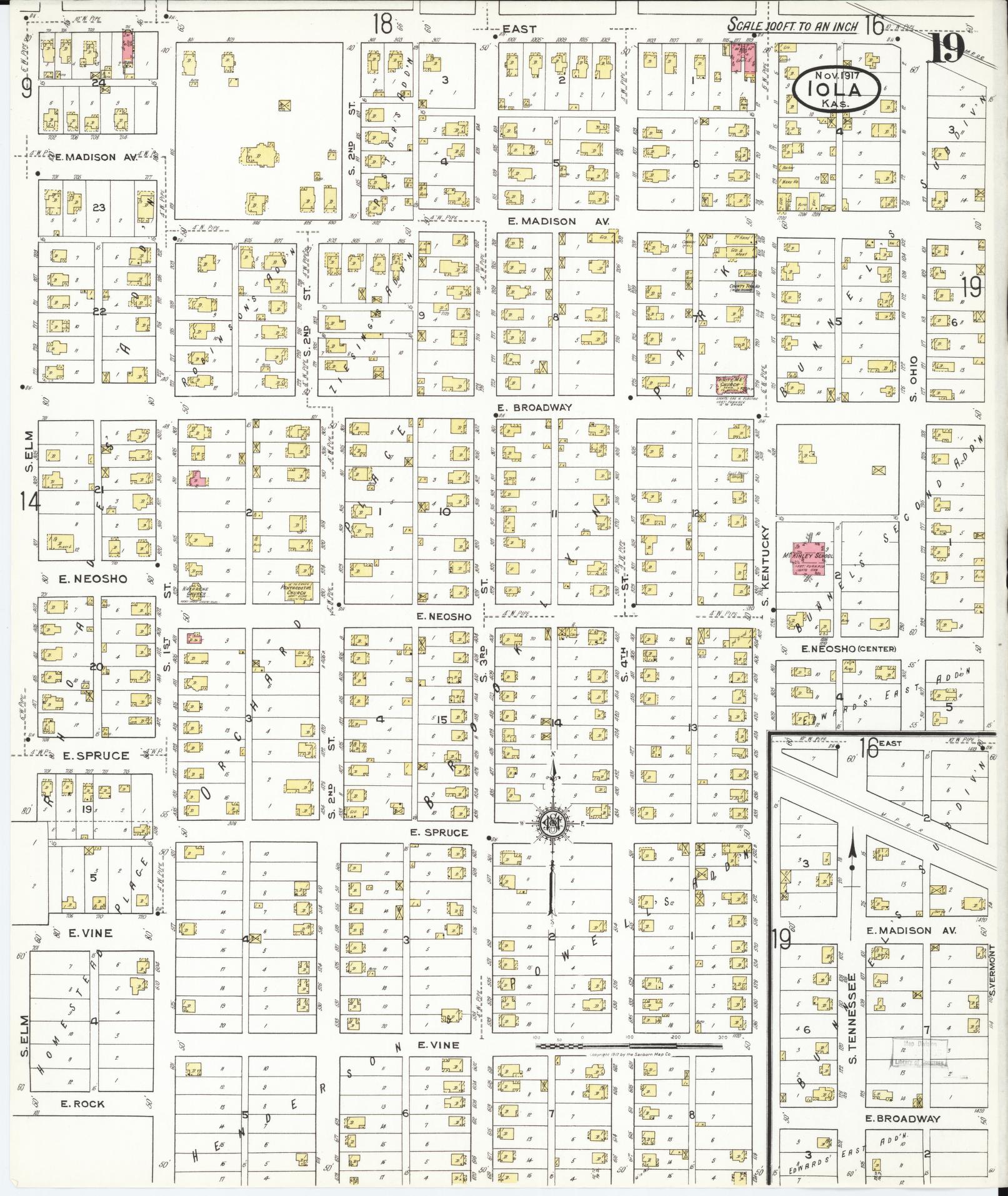 Sanborn Fire Insurance Map from Iola, Allen County, Kansas (1917), Sheet #0019 - Historic Sanborn Fire Insurance Map Print, vintage old map wall art, antique decor, genealogy gift, Kansas Kansas map
