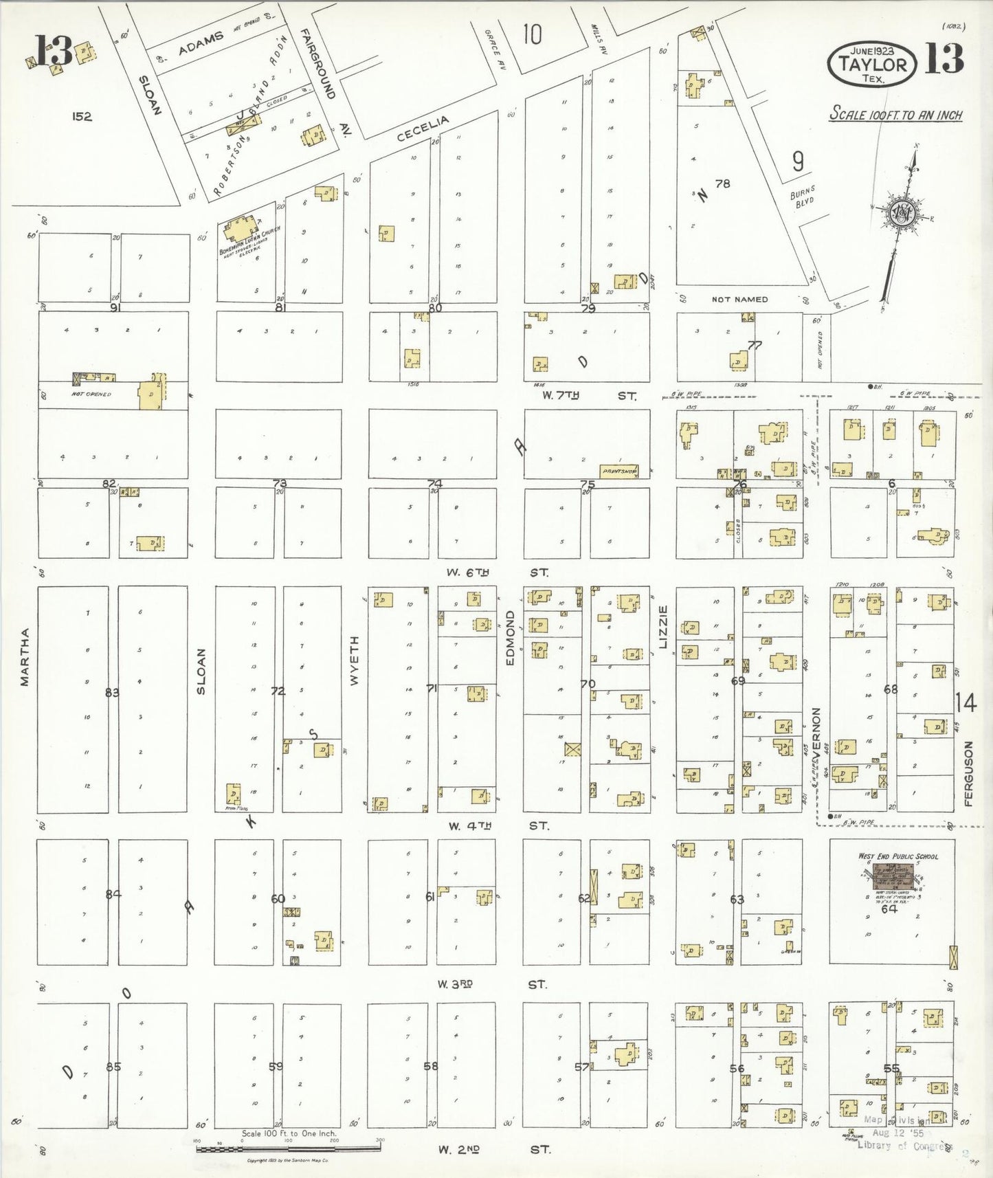 Sanborn Fire Insurance Map from Taylor, Williamson County, Texas (1923), Sheet #0013 - Complete Map Set gallery image, historic Sanborn map, vintage wall art, Texas Texas