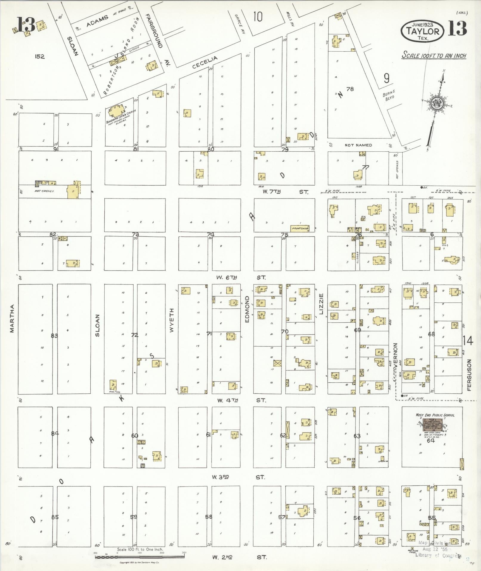 Sanborn Fire Insurance Map from Taylor, Williamson County, Texas (1923), Sheet #0013 - Complete Map Set gallery image, historic Sanborn map, vintage wall art, Texas Texas