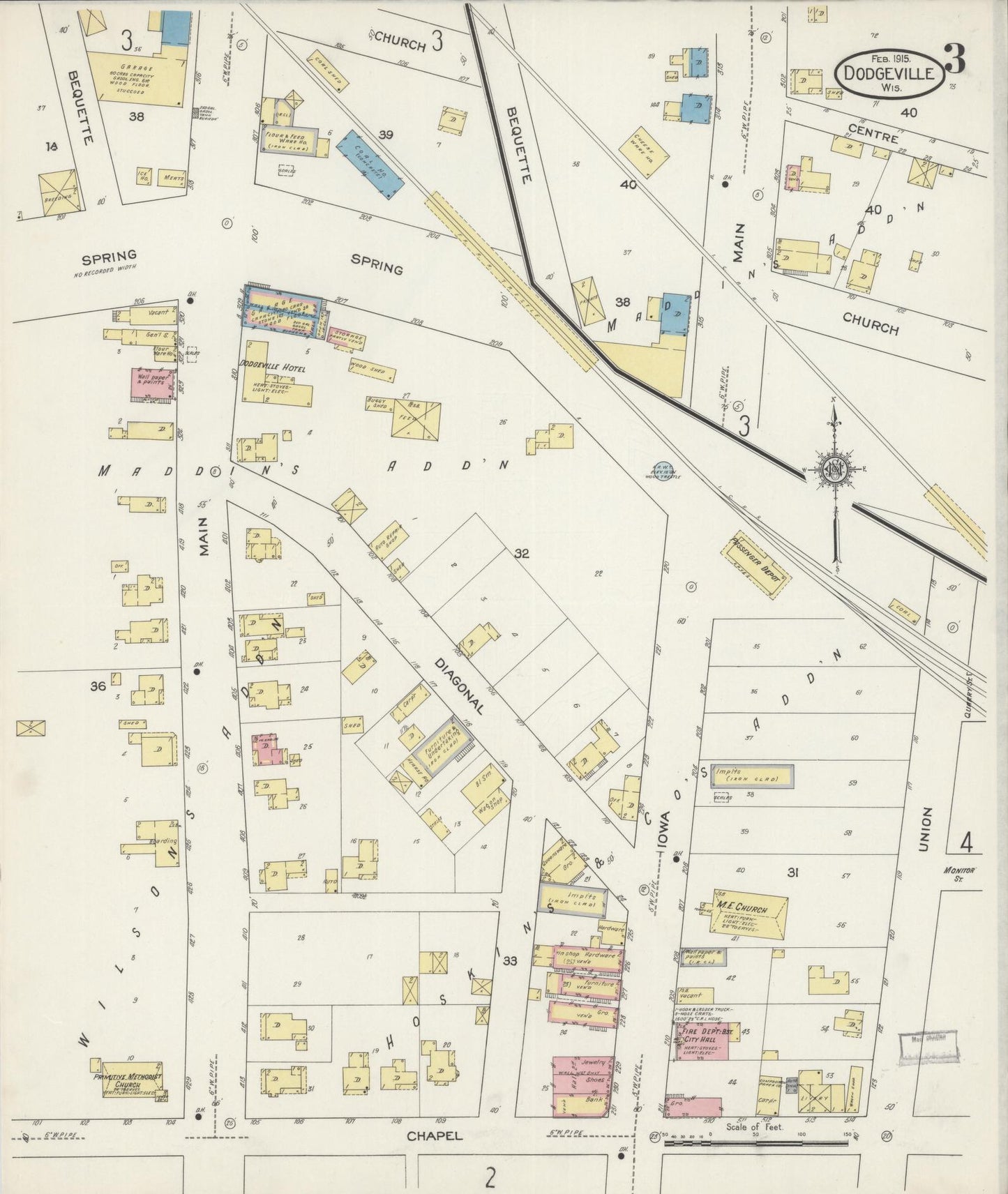 Sanborn Fire Insurance Map from Dodgeville, Iowa County, Wisconsin (1915), Sheet #0003 - Historic Sanborn Fire Insurance Map Print, vintage old map wall art, antique decor, genealogy gift, Wisconsin Wisconsin map