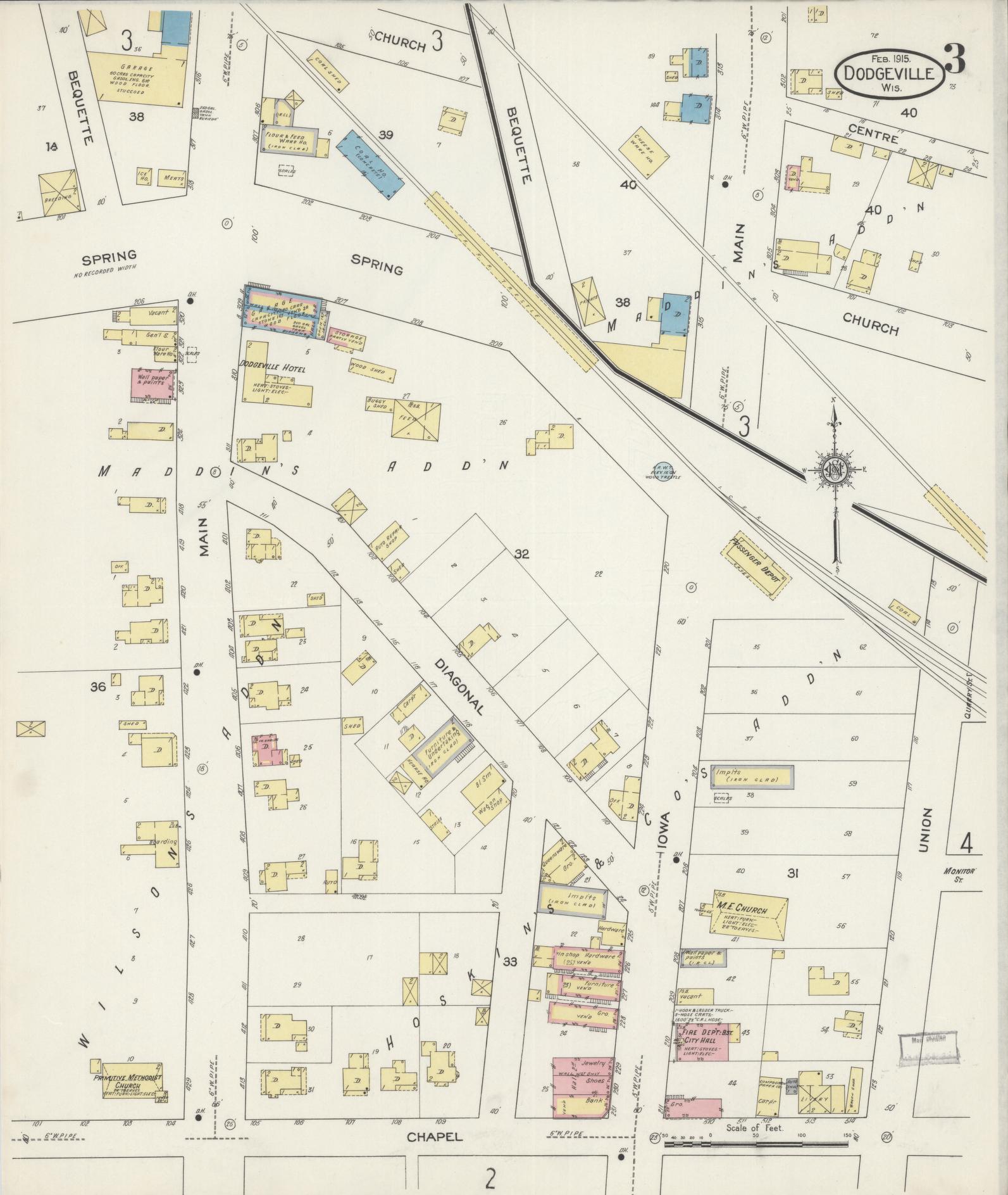 Sanborn Fire Insurance Map from Dodgeville, Iowa County, Wisconsin (1915), Sheet #0003 - Historic Sanborn Fire Insurance Map Print, vintage old map wall art, antique decor, genealogy gift, Wisconsin Wisconsin map
