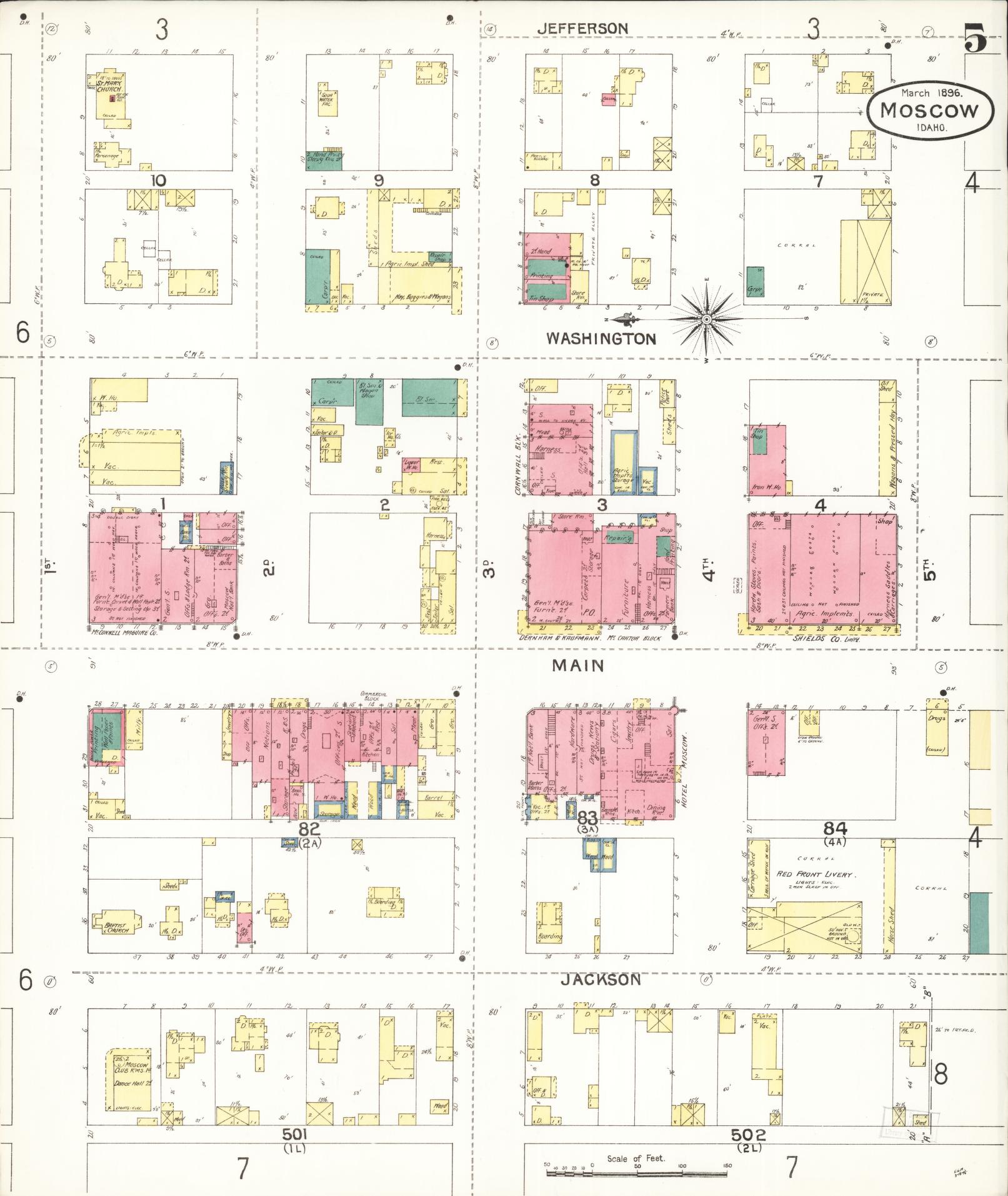 Sanborn Fire Insurance Map from Moscow, Latah County, Idaho (1896), Sheet #0005 - Historic Sanborn Fire Insurance Map Print, vintage old map wall art, antique decor, genealogy gift, Idaho Idaho map