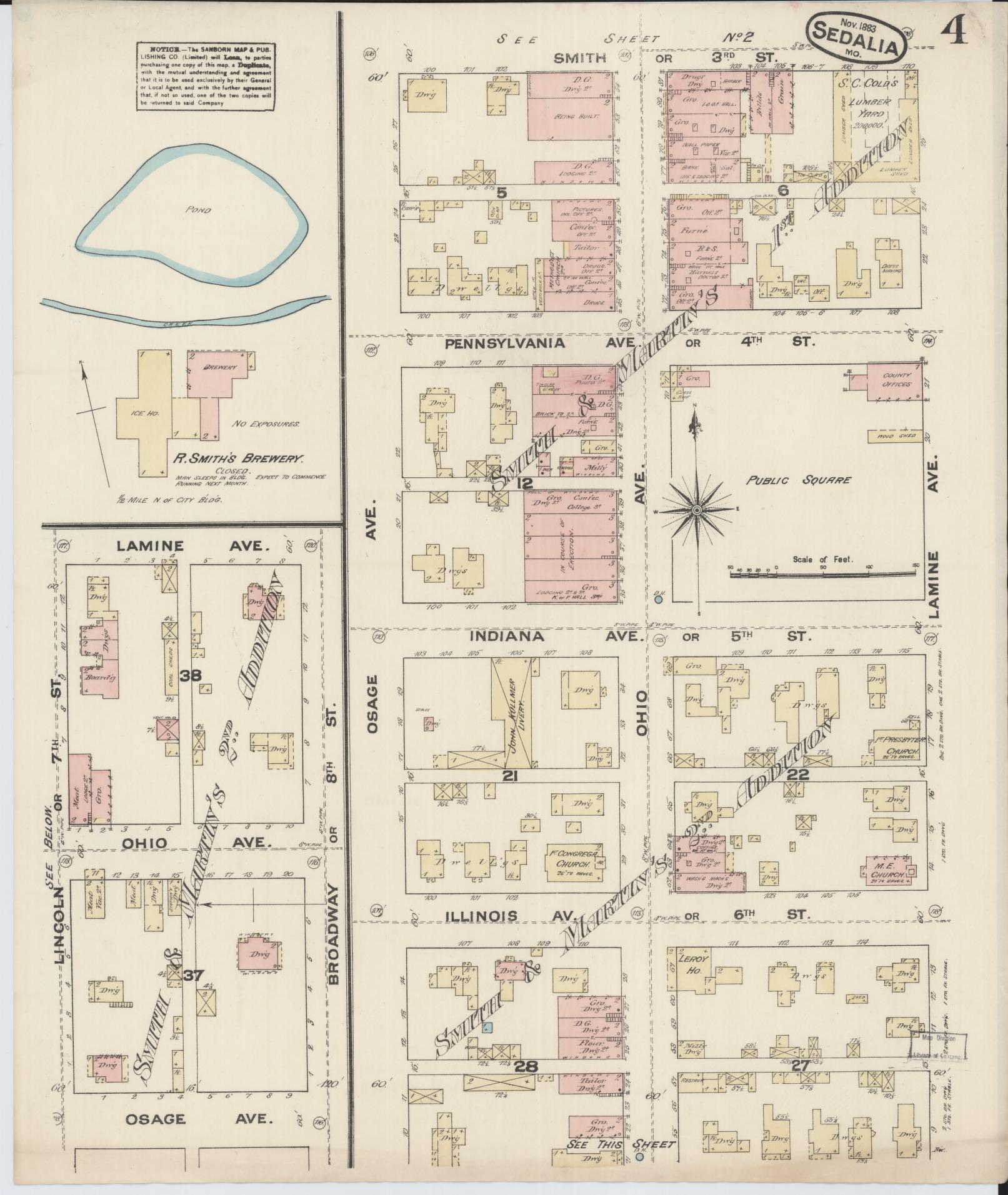 Sanborn Fire Insurance Map from Sedalia, Pettis County, Missouri (1883), Sheet #0004 - Historic Sanborn Fire Insurance Map Print, vintage old map wall art, antique decor, genealogy gift, Missouri Missouri map