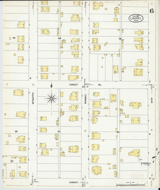 Sanborn Fire Insurance Map from Laurel, Jones County, Mississippi (1907), Sheet #0006 - Historic Sanborn Fire Insurance Map Print, vintage old map wall art, antique decor, genealogy gift, Mississippi Mississippi map