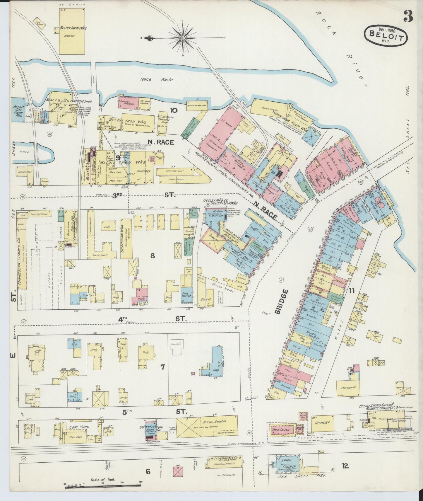 Sanborn Fire Insurance Map from Beloit, Rock County, Wisconsin (1890), Sheet #0003 - Historic Sanborn Fire Insurance Map Print, vintage old map wall art, antique decor, genealogy gift, Wisconsin Wisconsin map