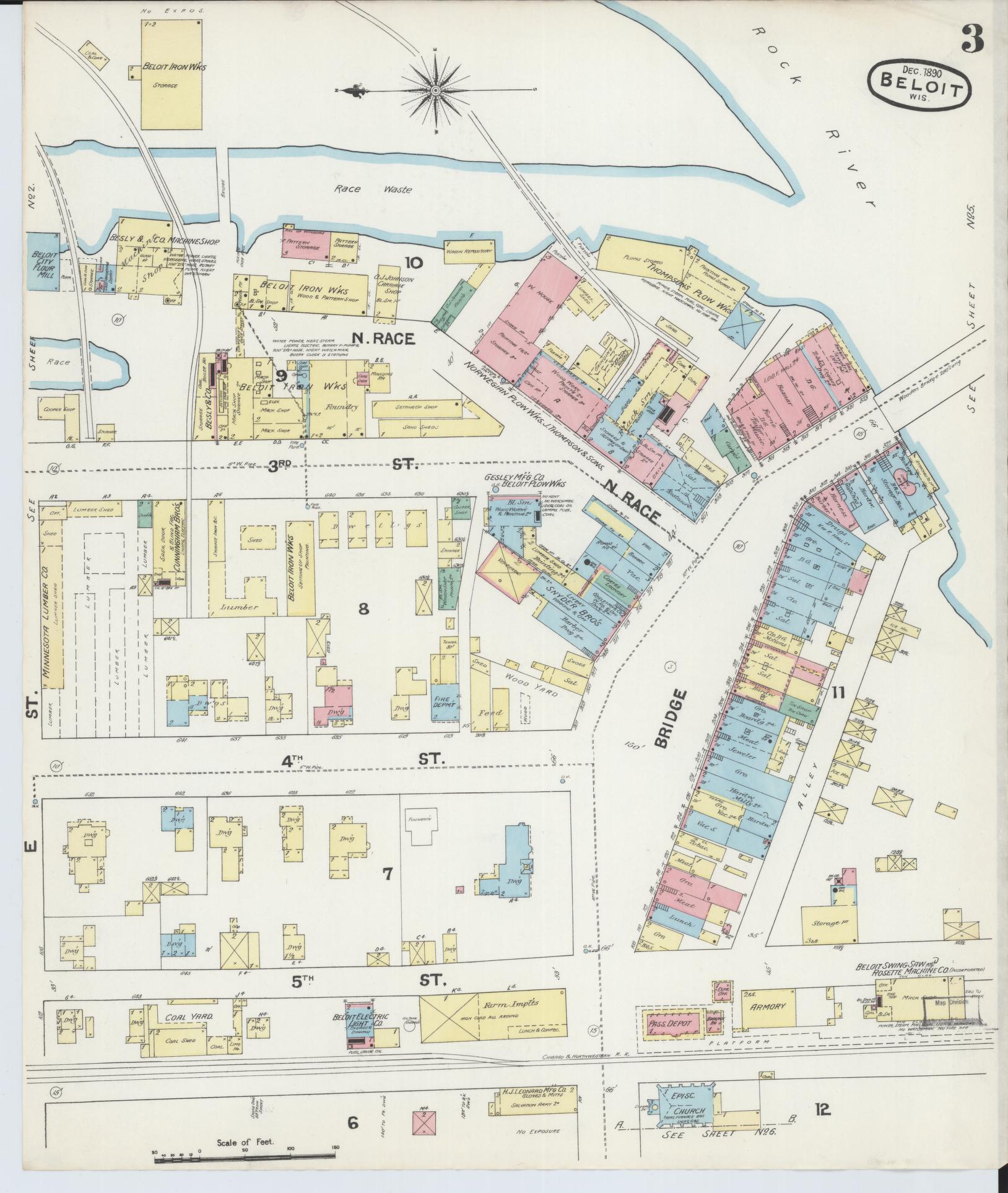 Sanborn Fire Insurance Map from Beloit, Rock County, Wisconsin (1890), Sheet #0003 - Historic Sanborn Fire Insurance Map Print, vintage old map wall art, antique decor, genealogy gift, Wisconsin Wisconsin map