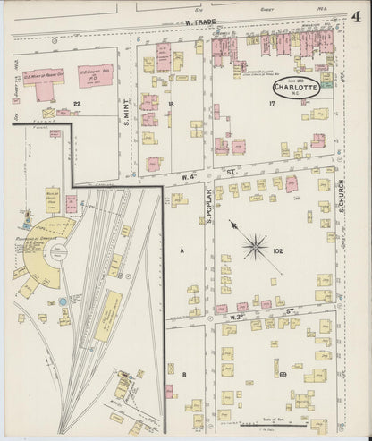 Sanborn Fire Insurance Map from Charlotte, Mecklenburg County, North Carolina (1890), Sheet #0004 - Historic Sanborn Fire Insurance Map Print, vintage old map wall art, antique decor, genealogy gift, North Carolina North Carolina map
