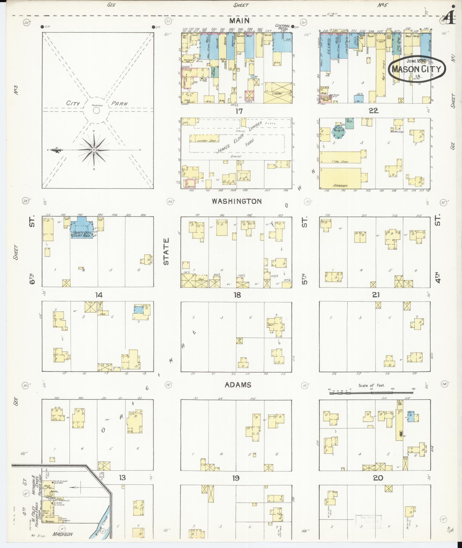 Sanborn Fire Insurance Map from Mason City, Cerro Gordo County, Iowa (1892), Sheet #0004 - Historic Sanborn Fire Insurance Map Print, vintage old map wall art