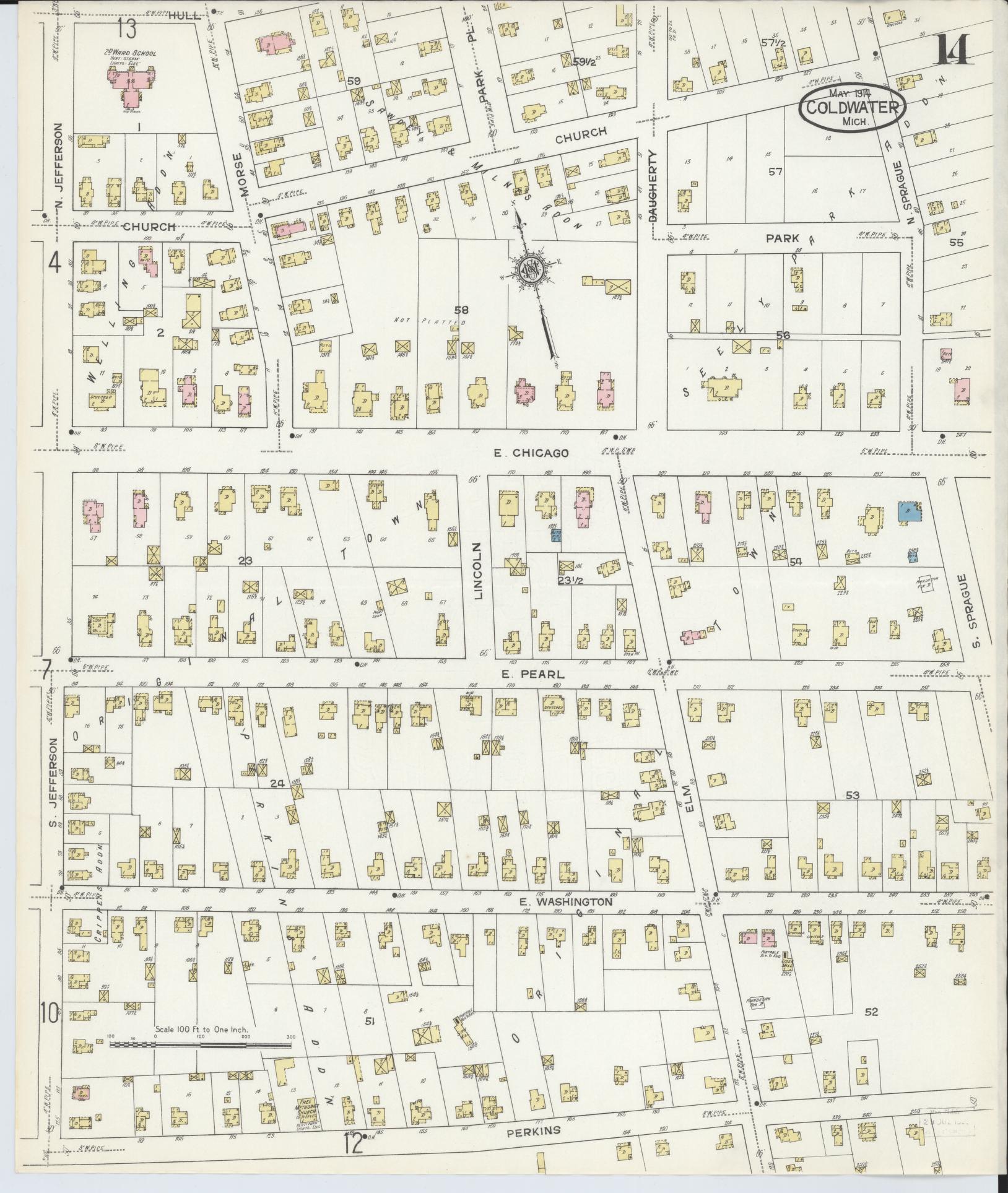 Sanborn Fire Insurance Map from Coldwater, Branch County, Michigan (1914), Sheet #0014 - Complete Map Set gallery image, historic Sanborn map, vintage wall art, Michigan Michigan