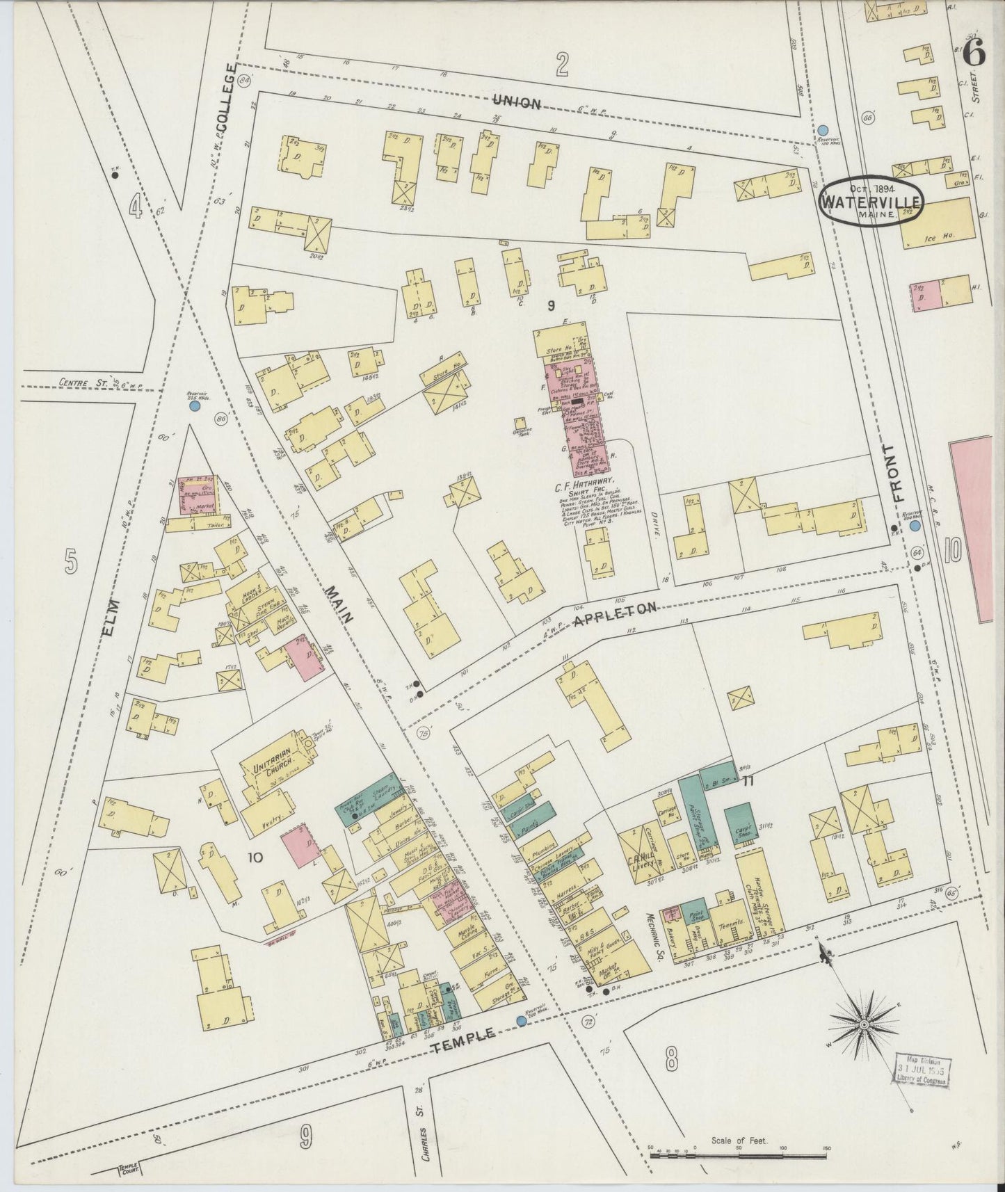 Sanborn Fire Insurance Map from Waterville, Kennebec County, Maine (1894), Sheet #0006 - Historic Sanborn Fire Insurance Map Print, vintage old map wall art, antique decor, genealogy gift, Maine Maine map