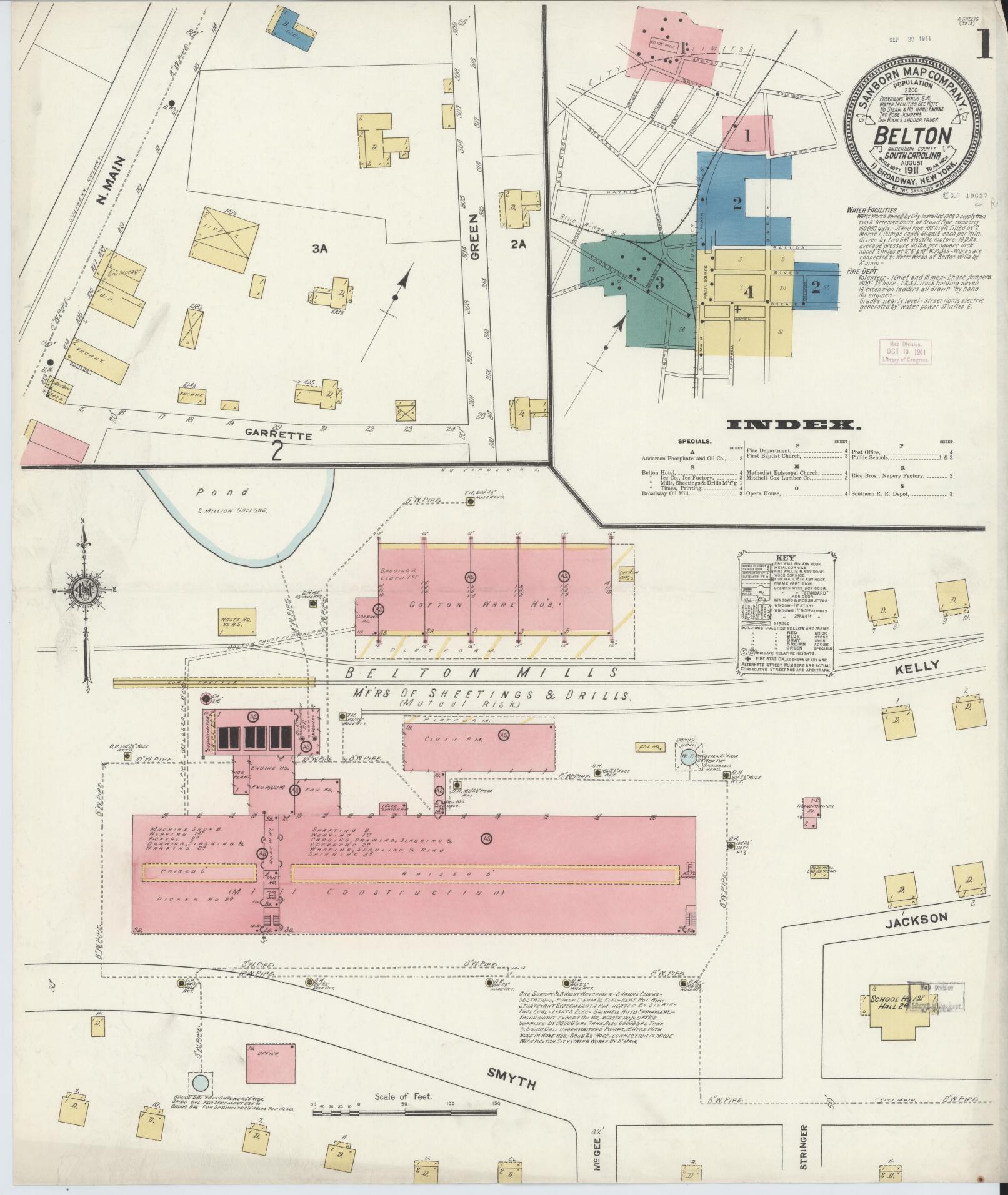 Sanborn Fire Insurance Map from Belton, Anderson County, South Carolina (1911), Sheet #0001 - Complete Map Set gallery image, historic Sanborn map, vintage wall art, South Carolina South Carolina