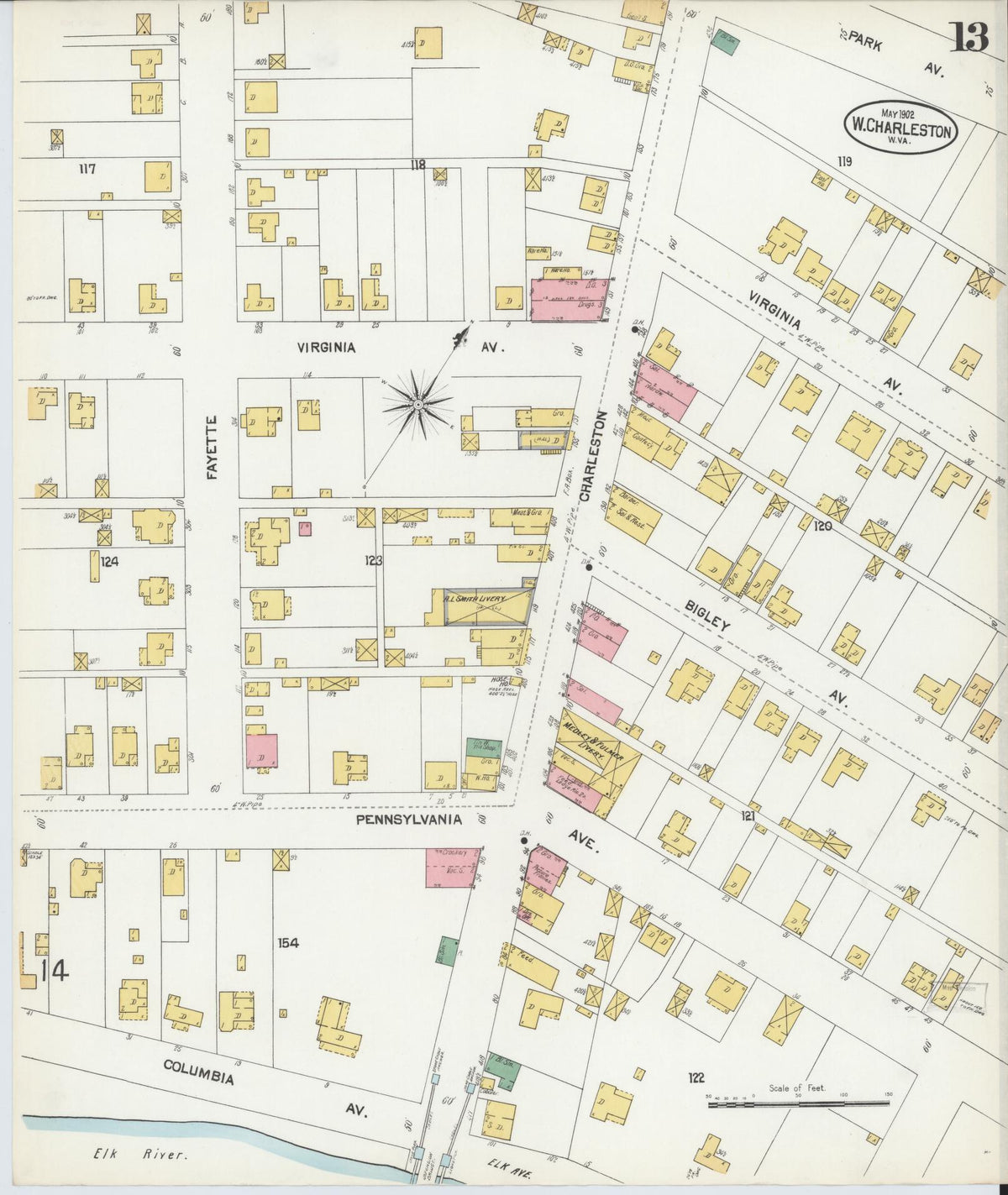 Sanborn Fire Insurance Map from Charleston, Kanawha County, West Virginia (1902), Sheet #0013 - Complete Map Set gallery image, historic Sanborn map, vintage wall art, West Virginia West Virginia