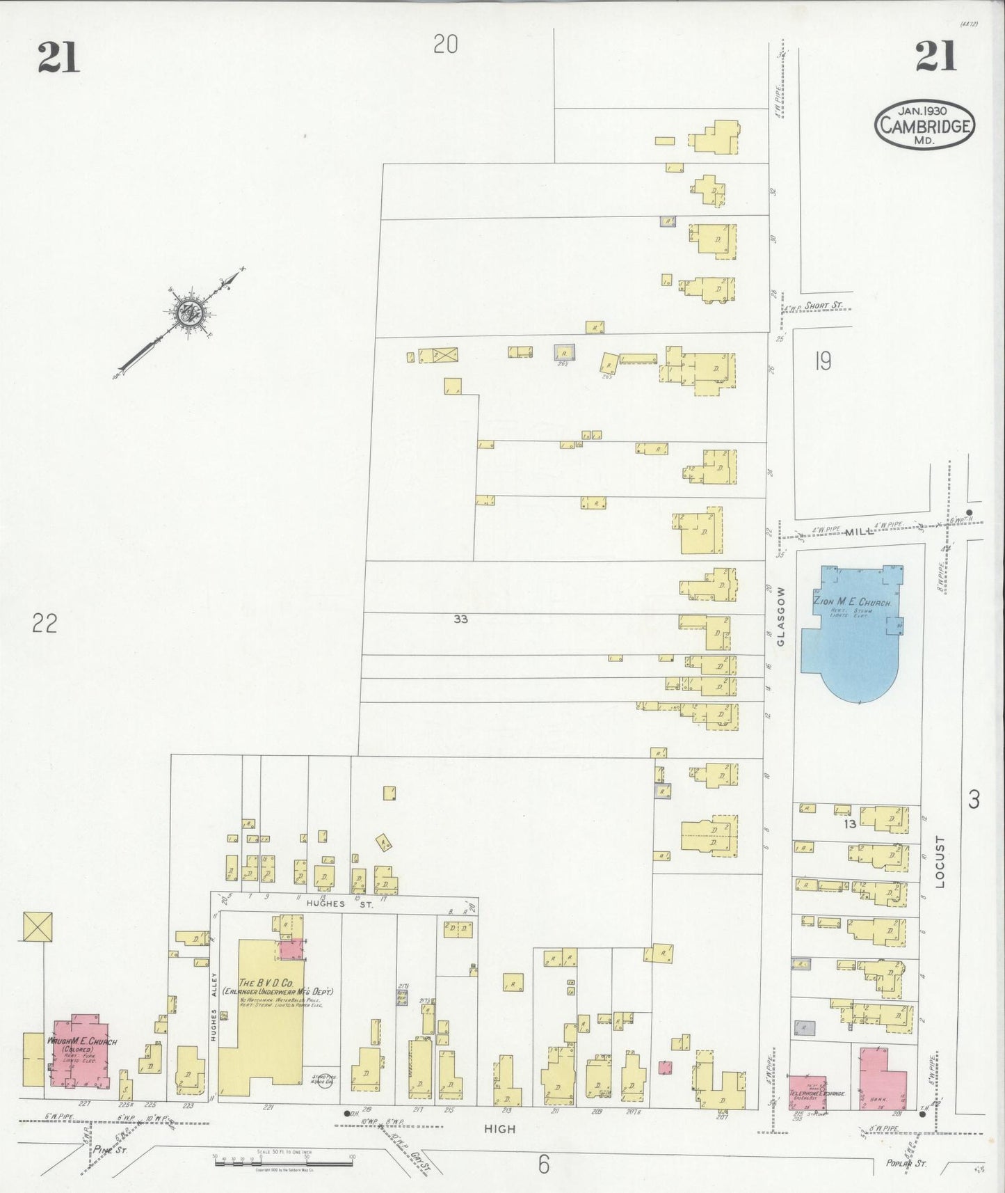 Sanborn Fire Insurance Map from Cambridge, Dorchester County, Maryland (1930), Sheet #0021 - Complete Map Set gallery image, historic Sanborn map, vintage wall art, Maryland Maryland