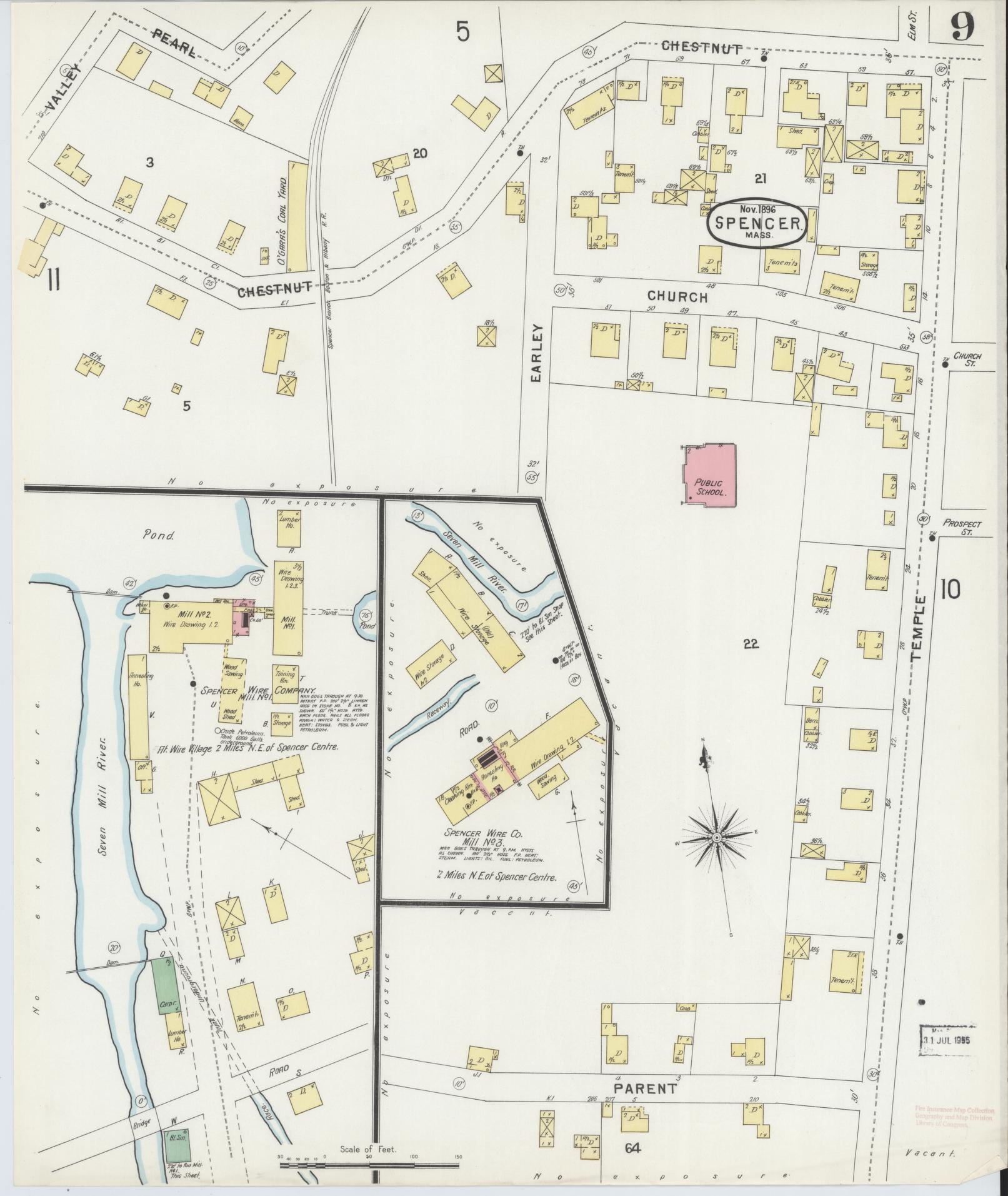 Sanborn Fire Insurance Map from Spencer, Worcester County, Massachusetts (1896), Sheet #0009 - Historic Sanborn Fire Insurance Map Print, vintage old map wall art, antique decor, genealogy gift, Massachusetts Massachusetts map