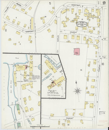 Sanborn Fire Insurance Map from Spencer, Worcester County, Massachusetts (1896), Sheet #0009 - Historic Sanborn Fire Insurance Map Print, vintage old map wall art, antique decor, genealogy gift, Massachusetts Massachusetts map