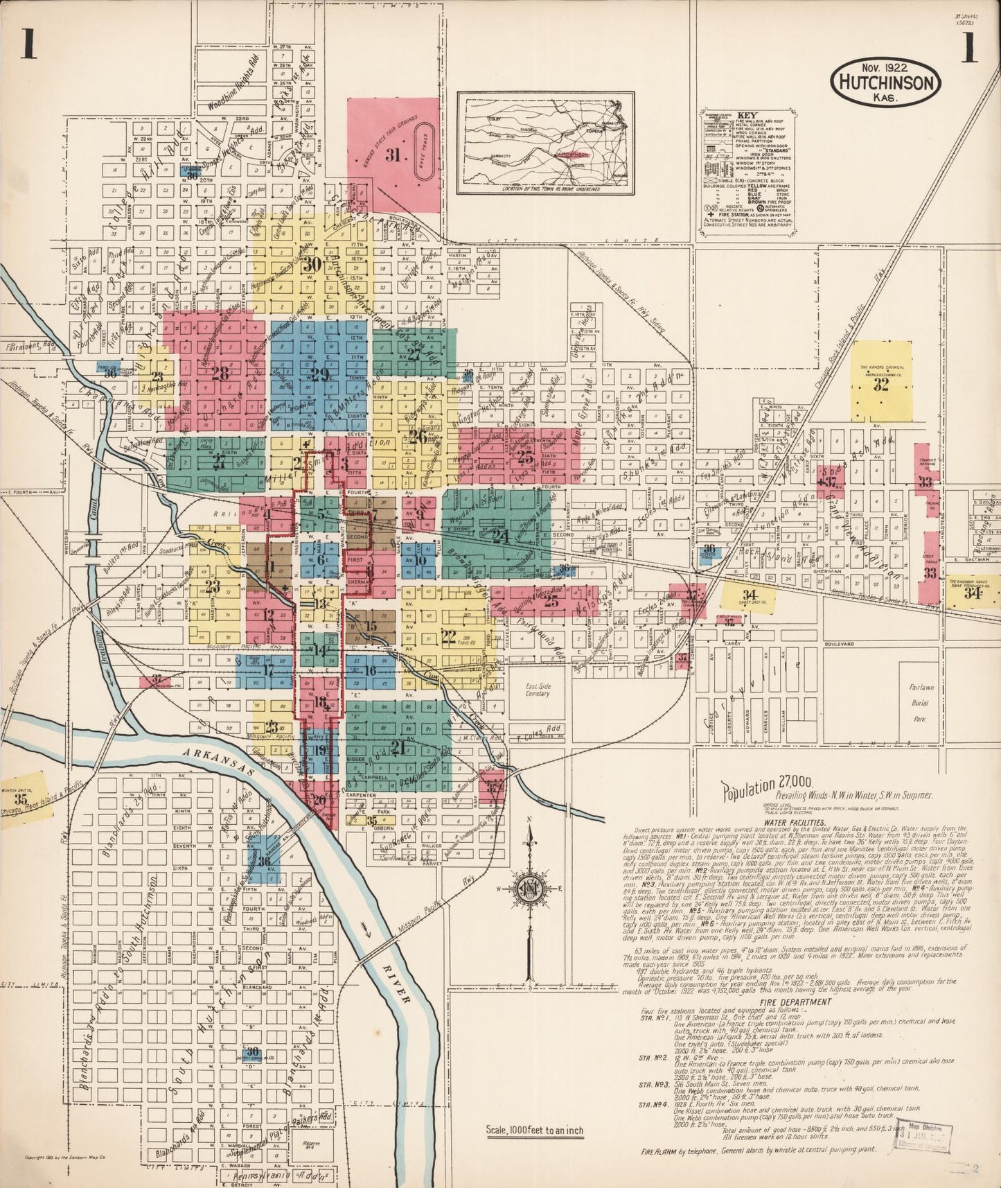 Sanborn Fire Insurance Map from Hutchinson, Reno County, Kansas (1922), Sheet #0002 - Historic Sanborn Fire Insurance Map Print, vintage old map wall art, antique decor, genealogy gift, Kansas Kansas map