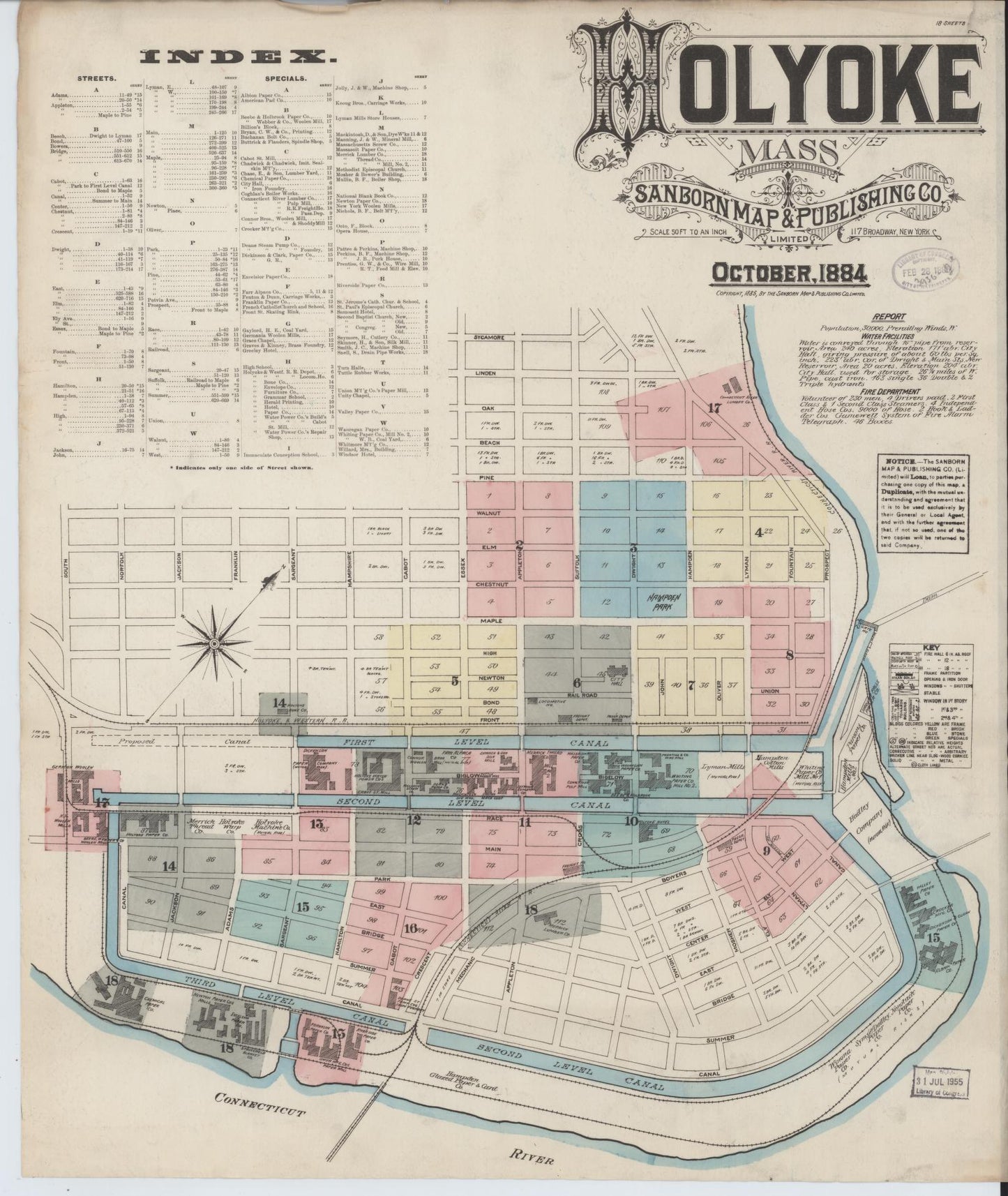 Sanborn Fire Insurance Map from Holyoke, Hampden County, Massachusetts (1884), Sheet #0001 - Historic Sanborn Fire Insurance Map Print, vintage old map wall art, antique decor, genealogy gift, Massachusetts Massachusetts map