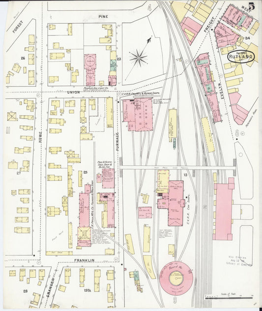 Sanborn Fire Insurance Map from Rutland, Rutland County, Vermont (1895), Sheet #0005 - Historic Sanborn Fire Insurance Map Print, vintage old map wall art, antique decor, genealogy gift, Vermont Vermont map