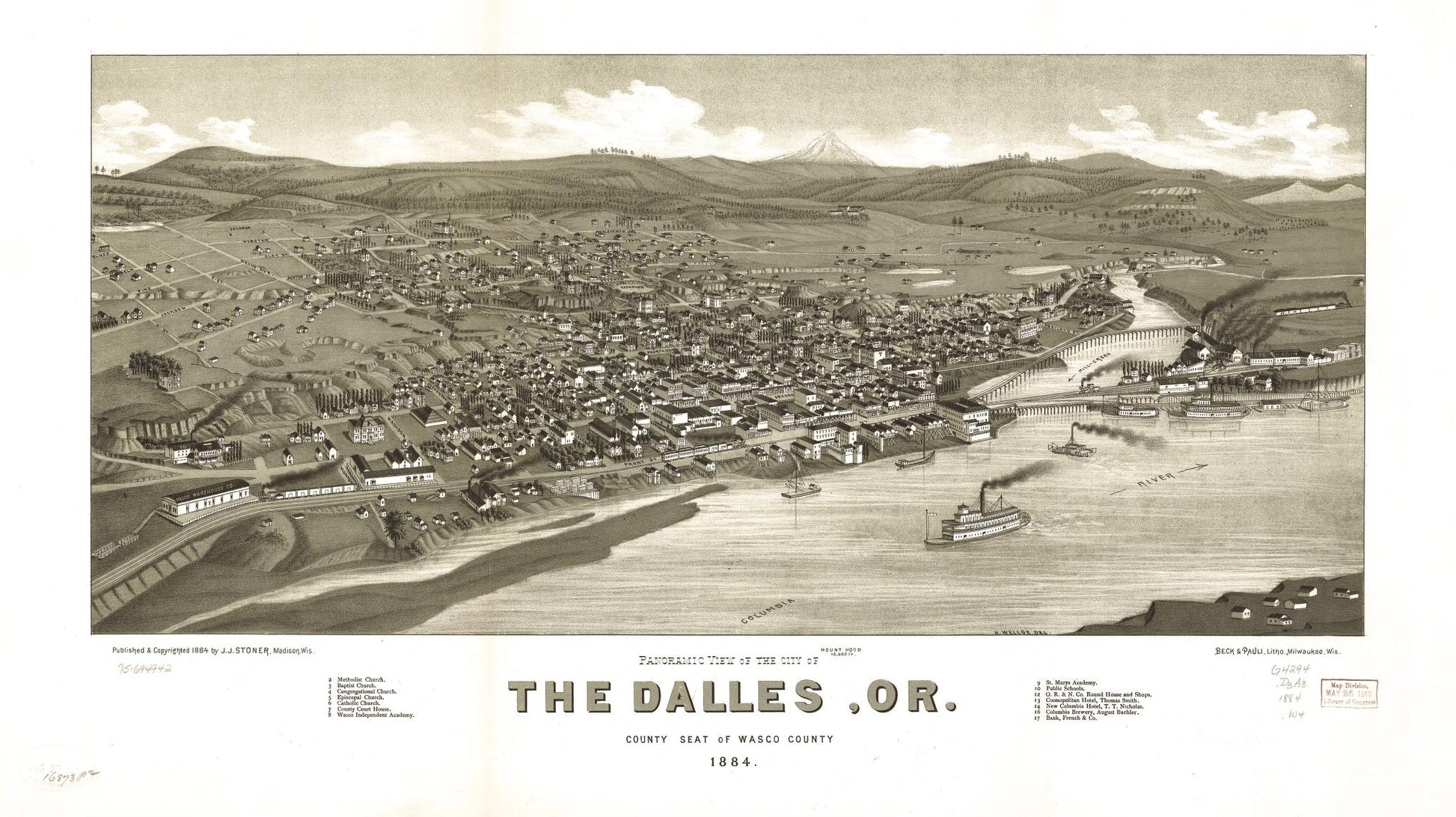 Panoramic view of the city of The Dalles, Or. county seat of Wasco County 1884. (1884) – Historic Bird’s-Eye View Panorama Print